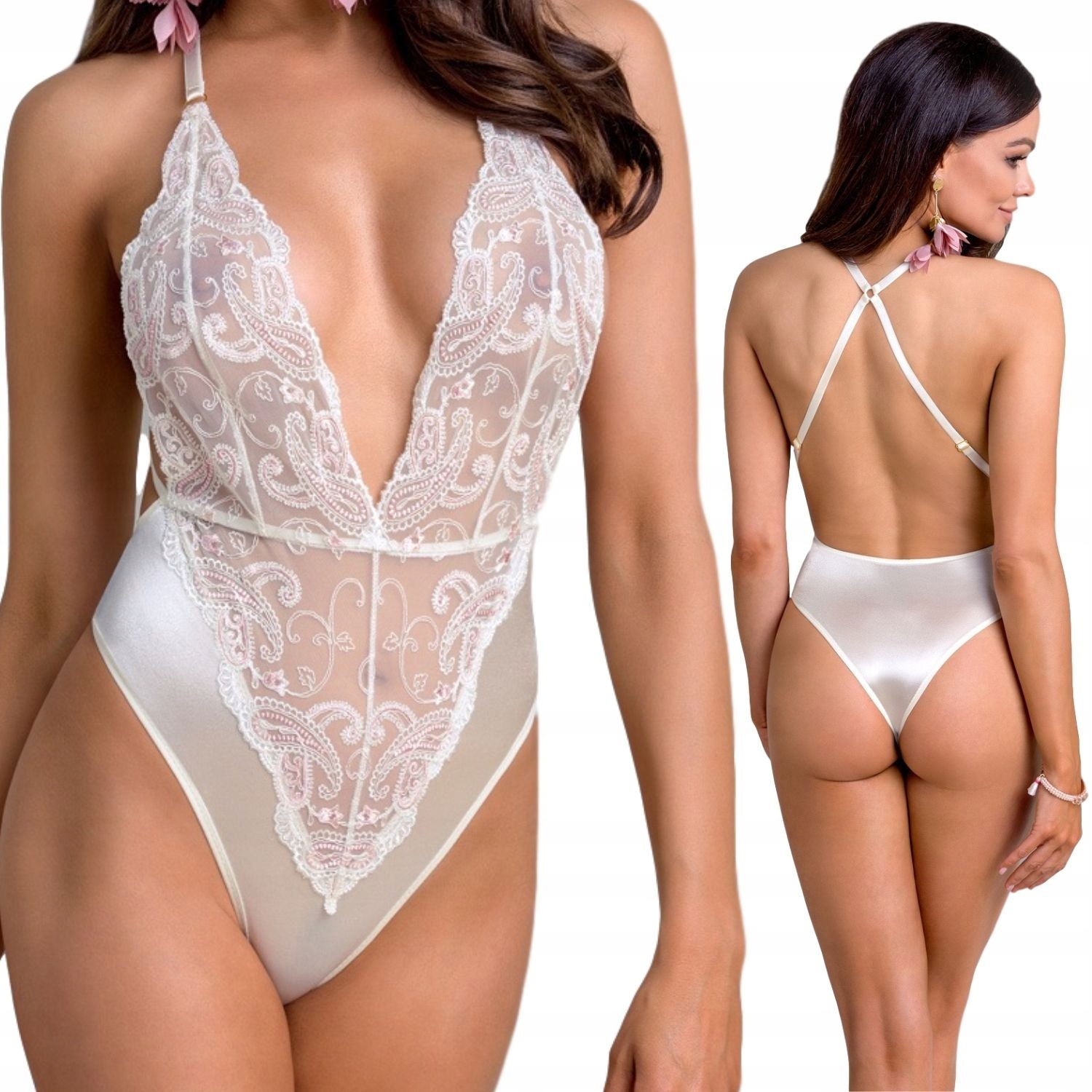 Elegantní bílé svatební body s krajkou L/XL Casmire – saténově nastavitelné