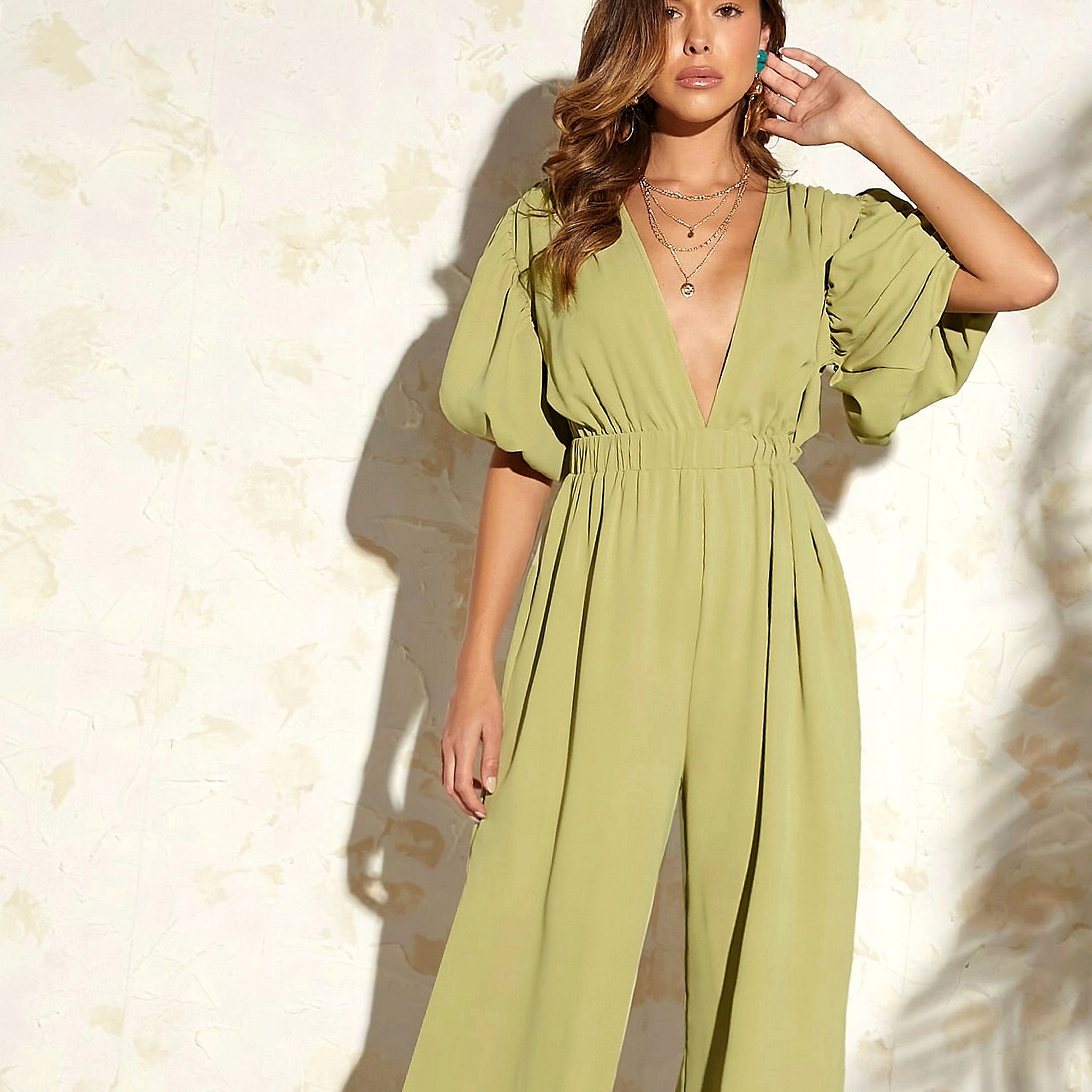 Kombinéza Hluboký Bufiate S Výstřihem Lehká Dámská Khaki Volné Rukávy M