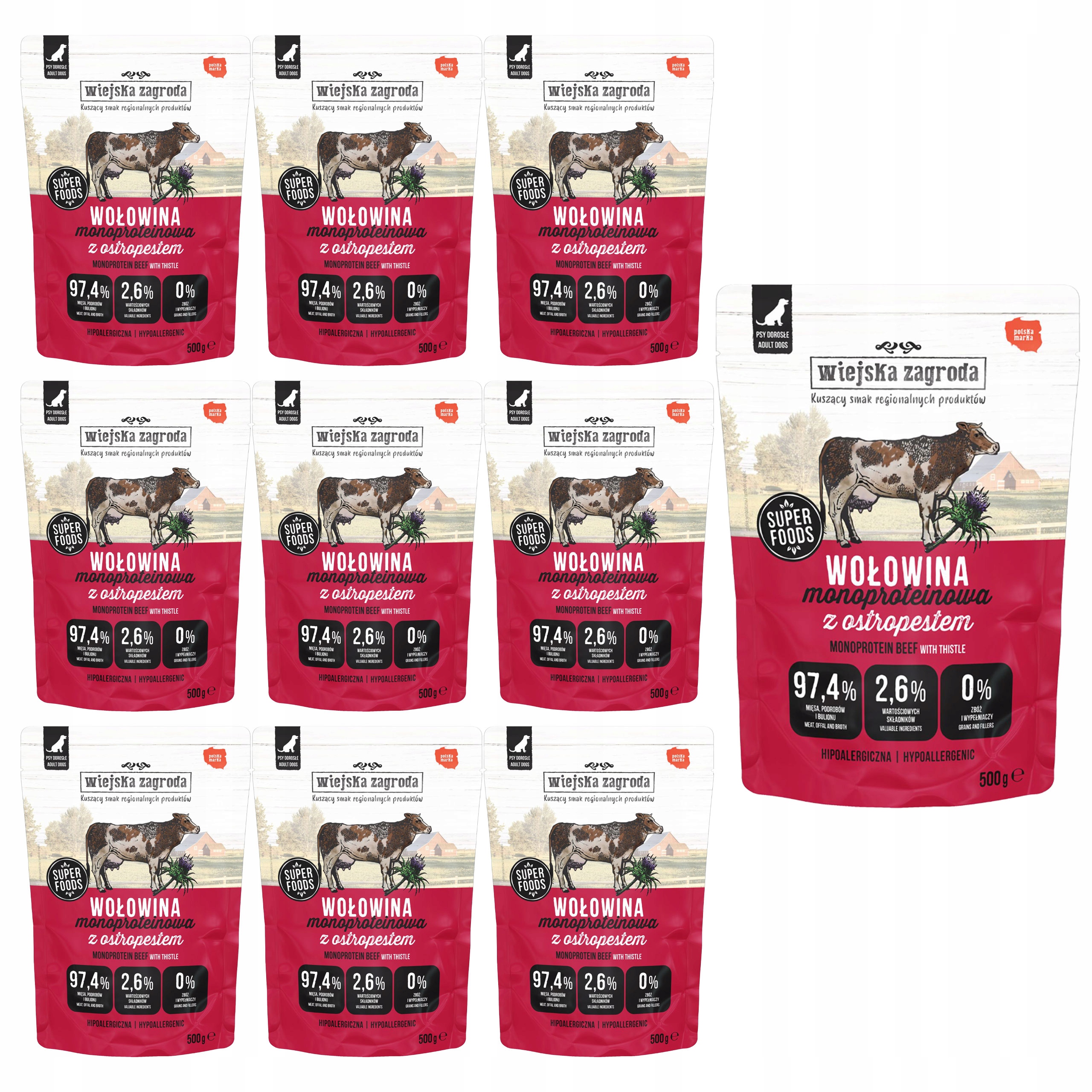 Levně Wiejska Zagroda Mono vlhké krmivo pro psy Hovězí maso s ostropestřecem 10 x 500 g