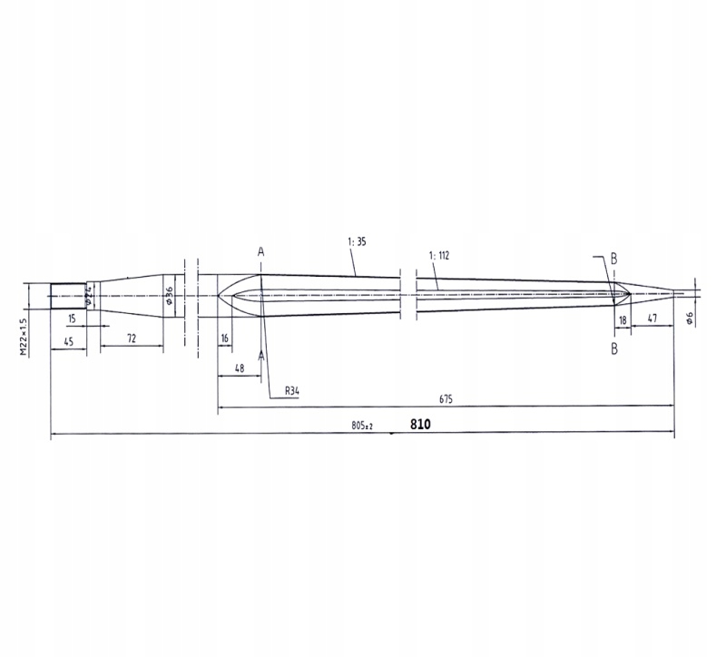 Ząb prosty uniwersalny L-810 mm M22x1.5 czerwony TUR 5193-FT1N LC06-027 Numer katalogowy części LC06-027