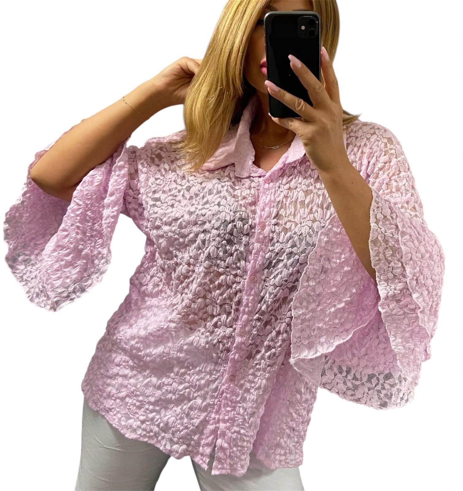 U216 Krajková Košile Se Španělským Rukávem Růžová vel. 44 (2XL)