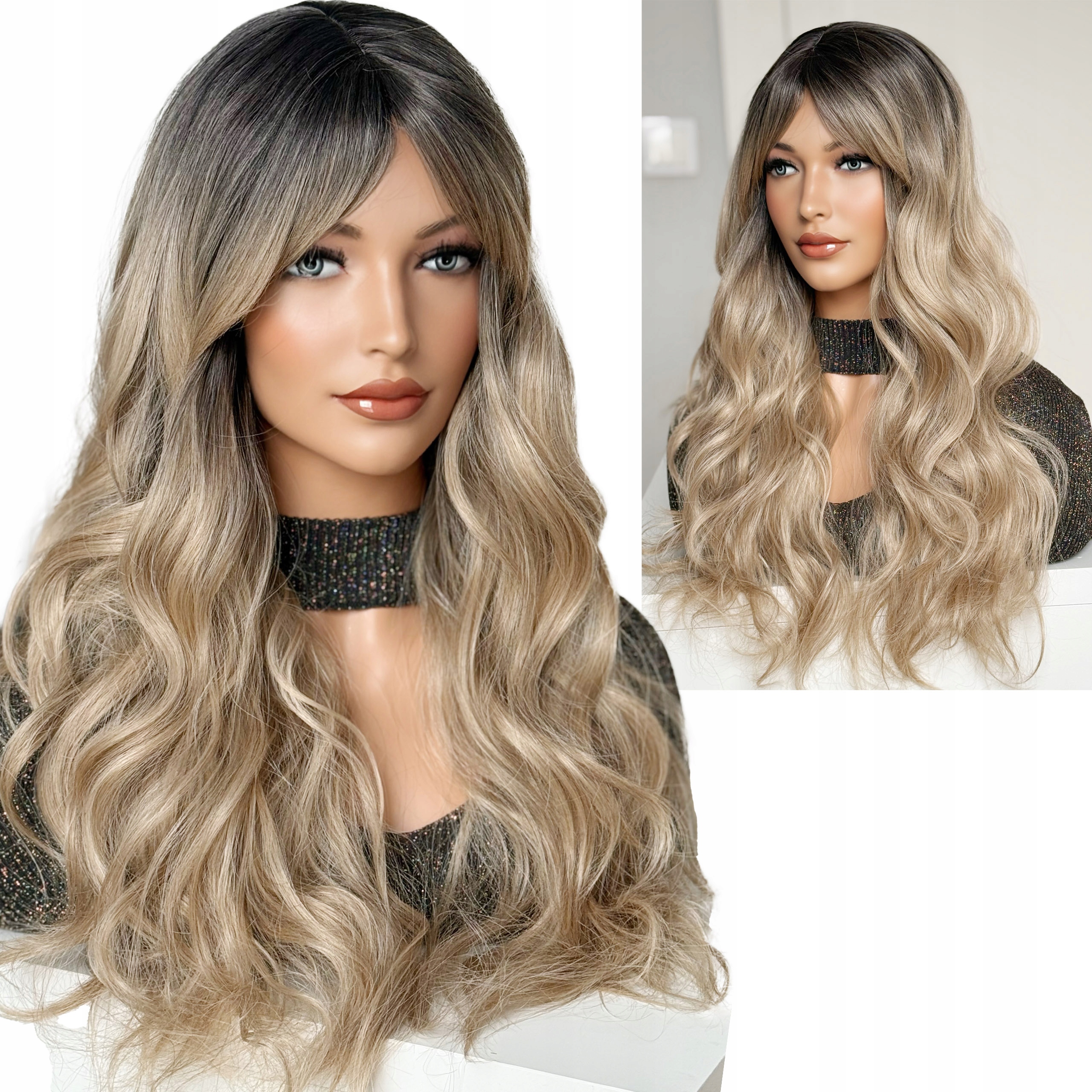 Syntetická paruka dlouhá vlna ofina ombre Hnědá chladná blond