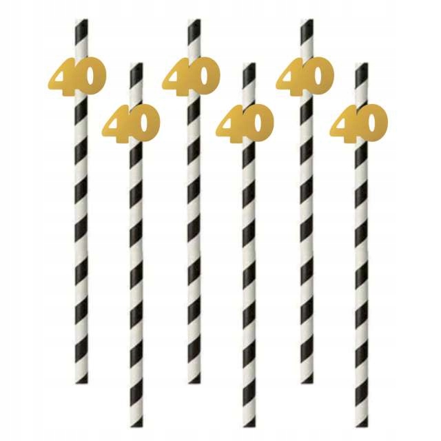 SŁOMKI w paski 40 URODZINY złote PAPIEROWE 6szt