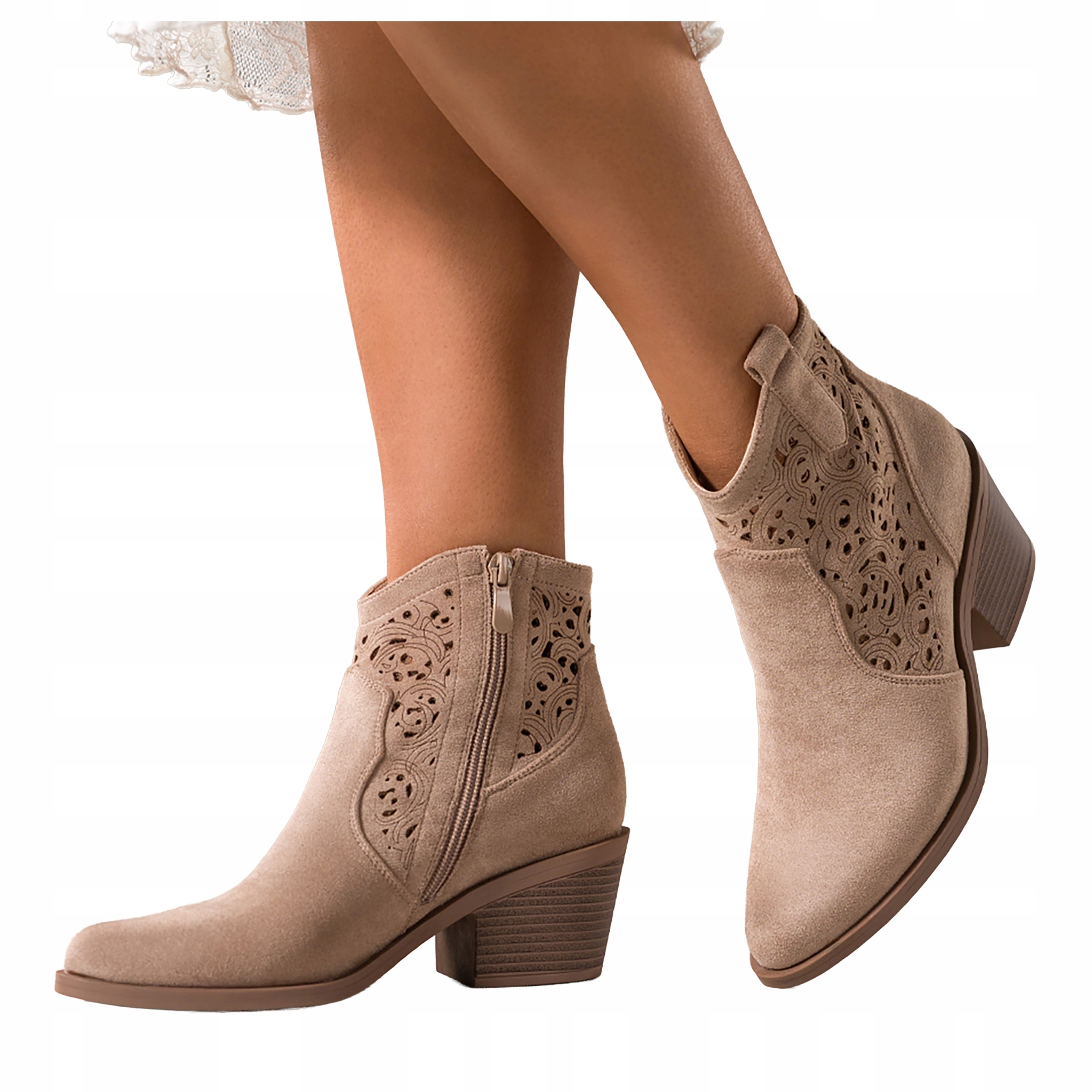 Kotníkové Boty Béžové Dámské Kovbojské Boty Zkosený podpatek Ažurová Svršek Pohodlné vel. 36