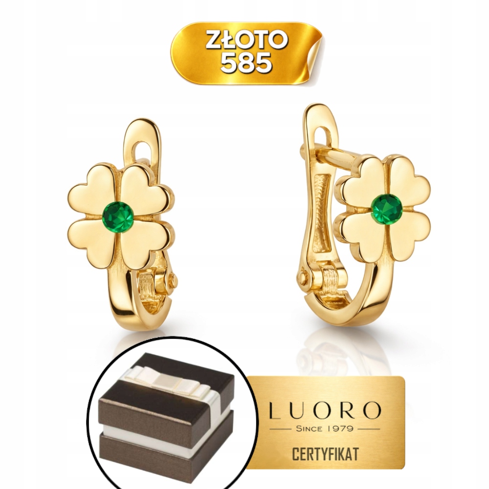Zlaté Náušnice 585 14K čtyřlístek Jetel zelený Zirkon 10 mm