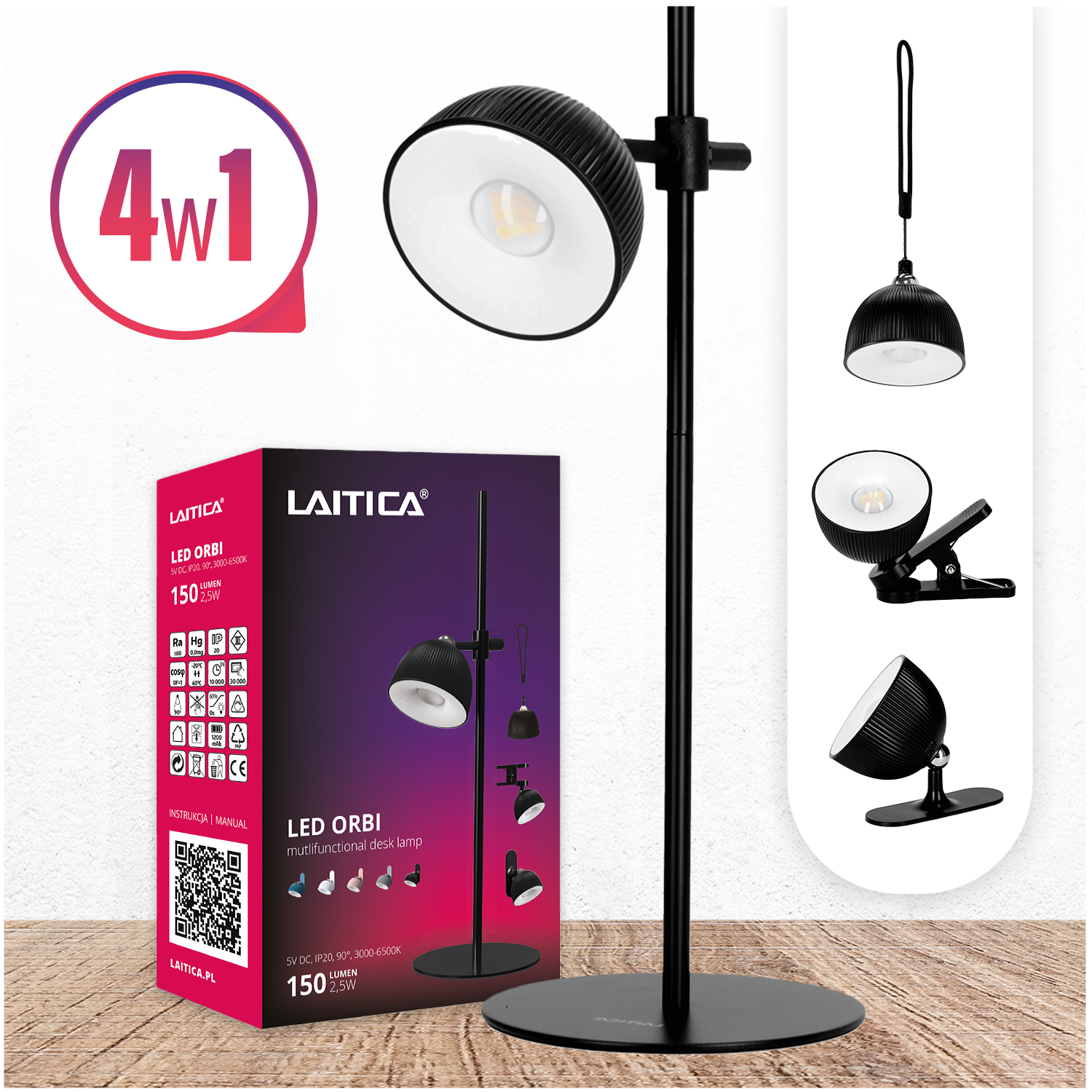 Bezdrátová Led stolní lampa Laitica Orbi Černá Usb 4v1 Nastavitelná