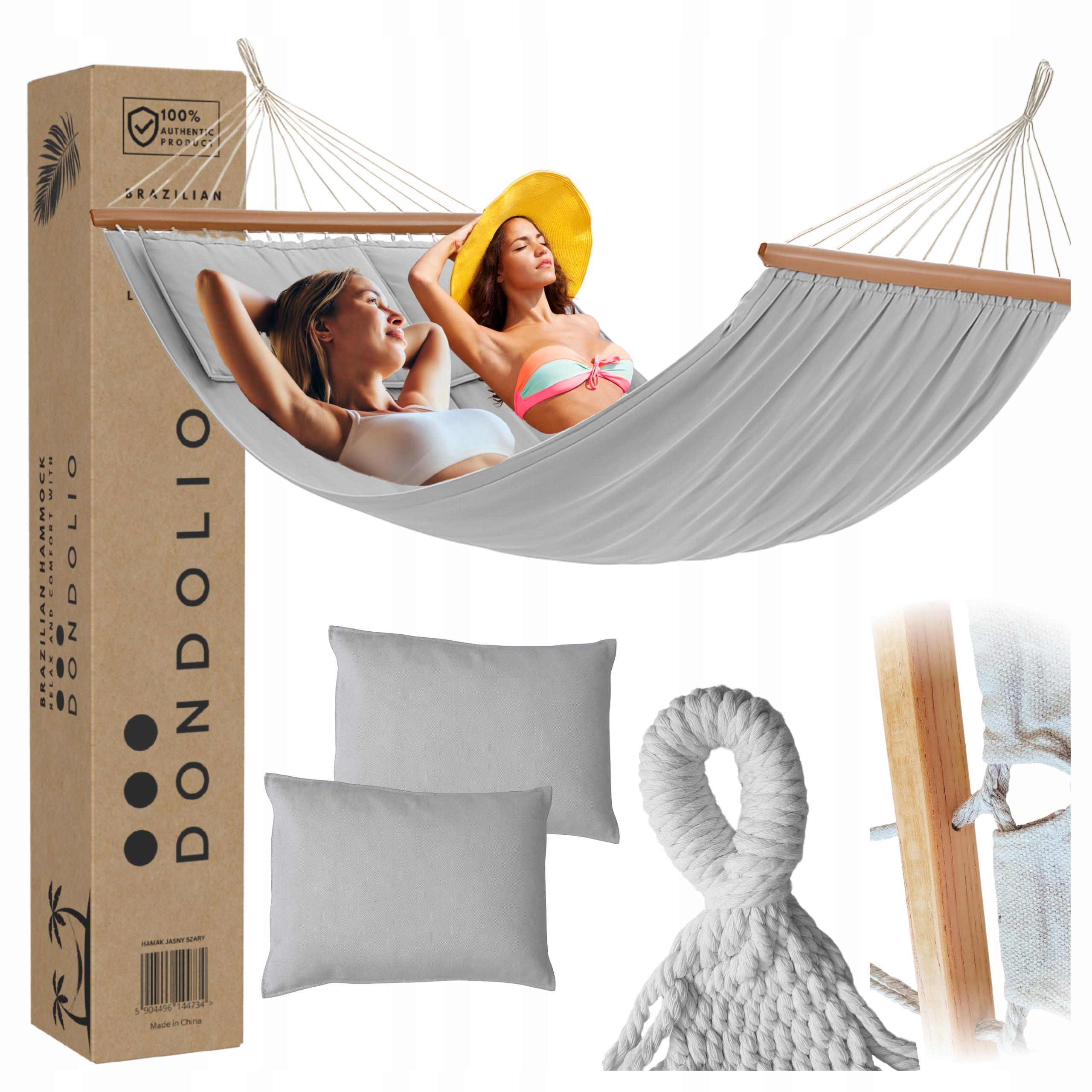 Hamak Duży Ogrodowy 2 Poduszki Jasny Szary Dwuosobowy z drążkiem XXL Boho