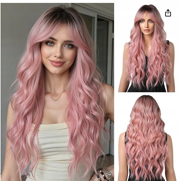 Oufei Paruka s hřívou Dlouhé Vlasy Ombre Pink Růžová Vlny 60 cm OF1045-3