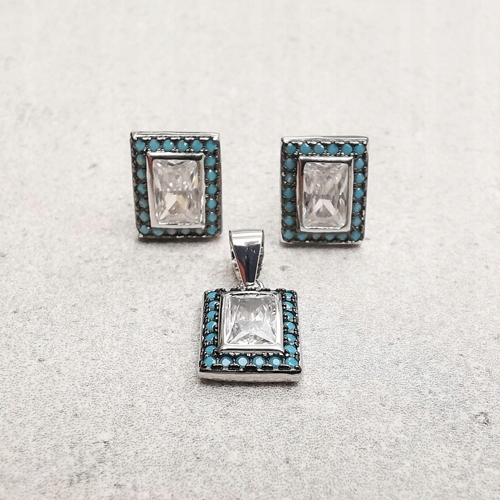Stříbrný obdélníkový komplet s tyrkysy a zirkonem