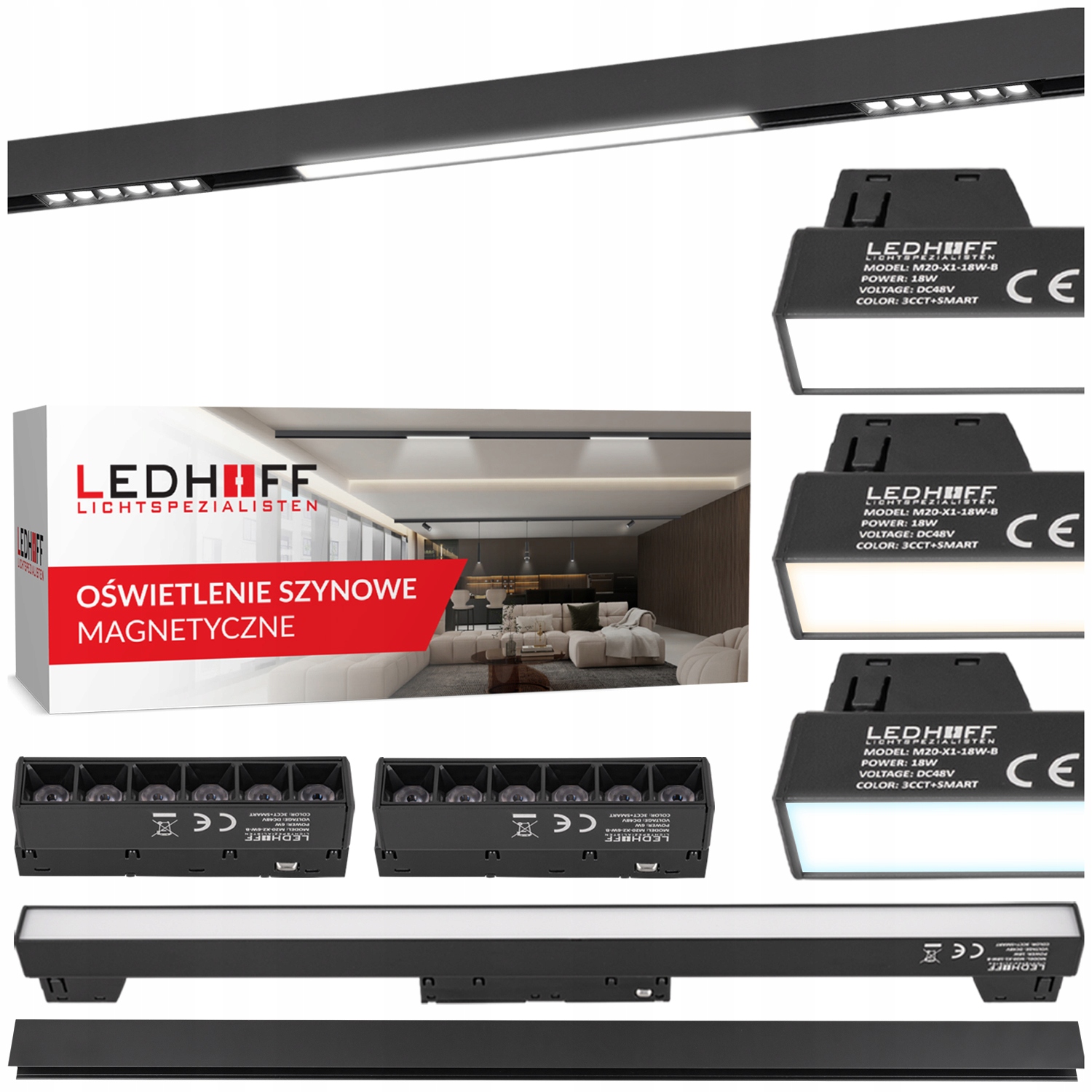 Magnetické šunkové osvětlení Lišta 1 m 1x Led lineární lampa 2x bodová