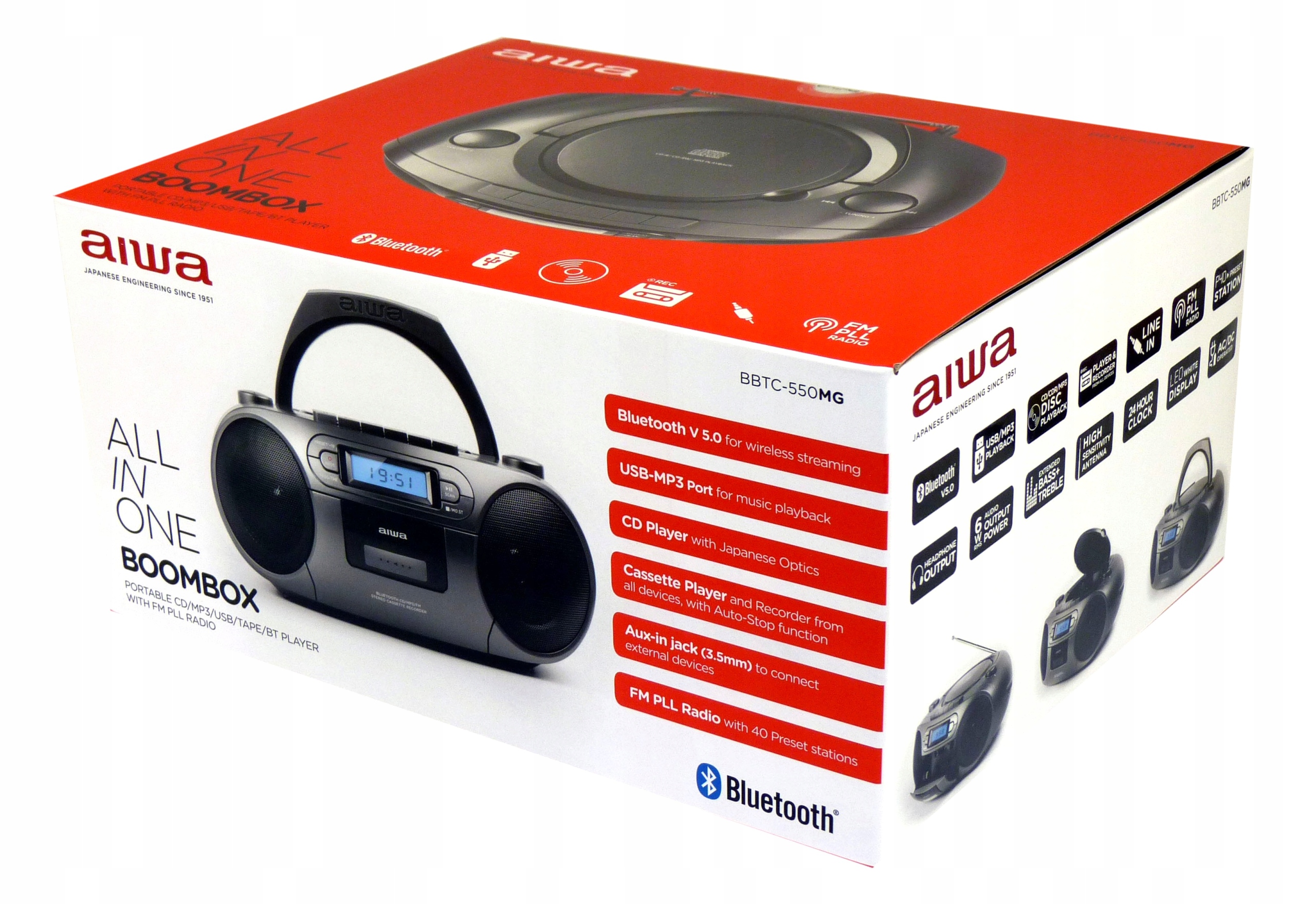 RADIOODTWARZACZ BOOMBOX AIWA BBTC-550MG BT USB CD Komunikacja Bluetooth