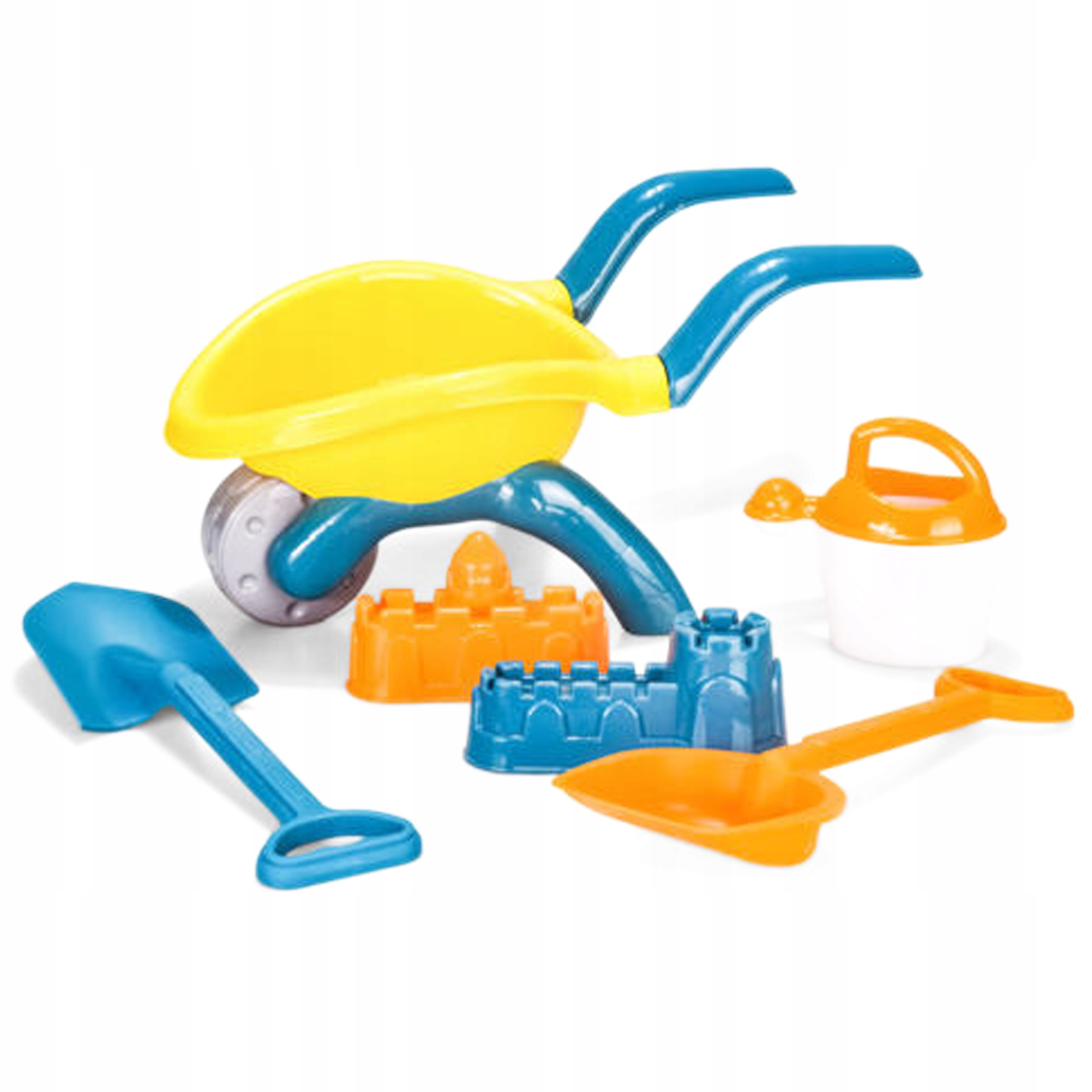 ZESTAW DO PIASKOWNICY PIASKU TACZKA WÓZEK ŁOPATA GRABKI FOREMKI KONEWKA