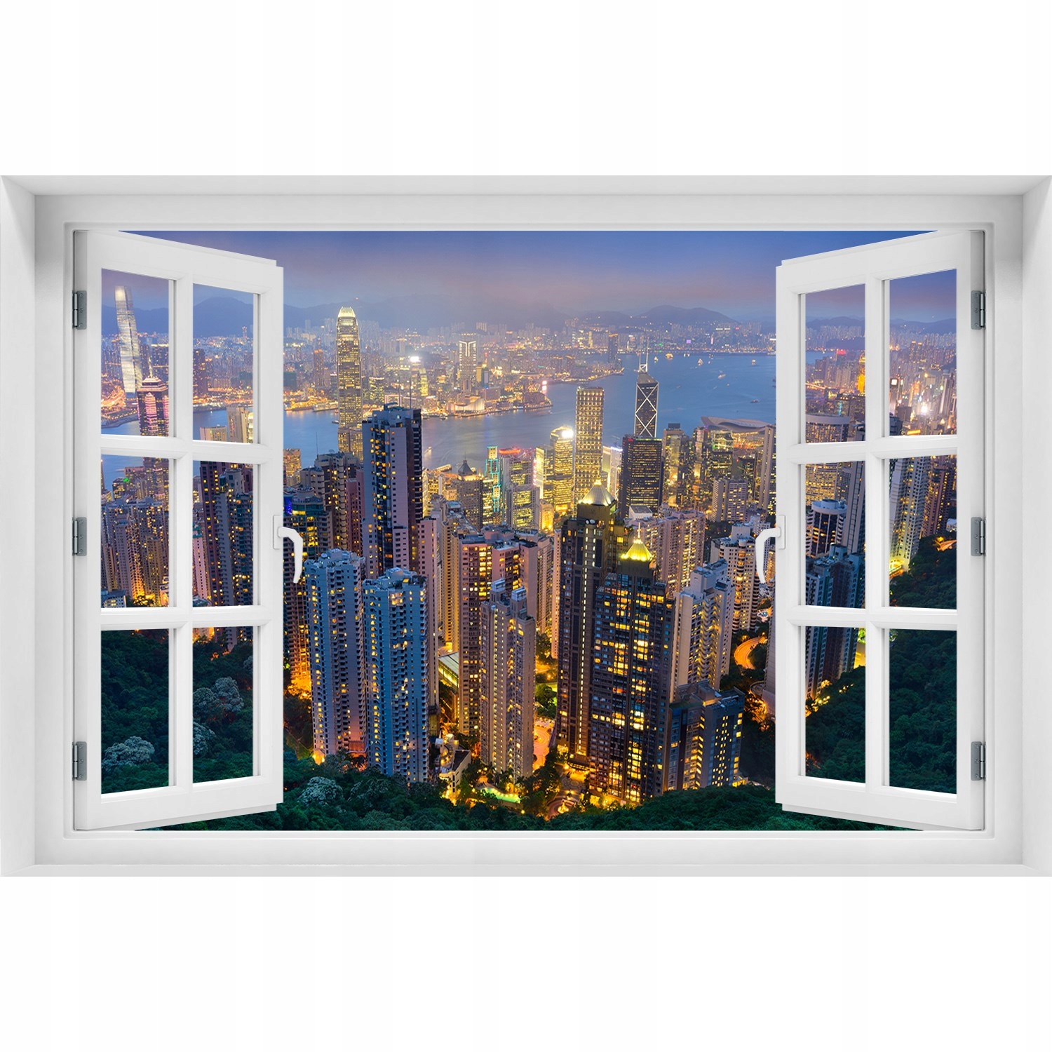 

3D Okno Naklejka ścienna Hongkong nocą 150x100