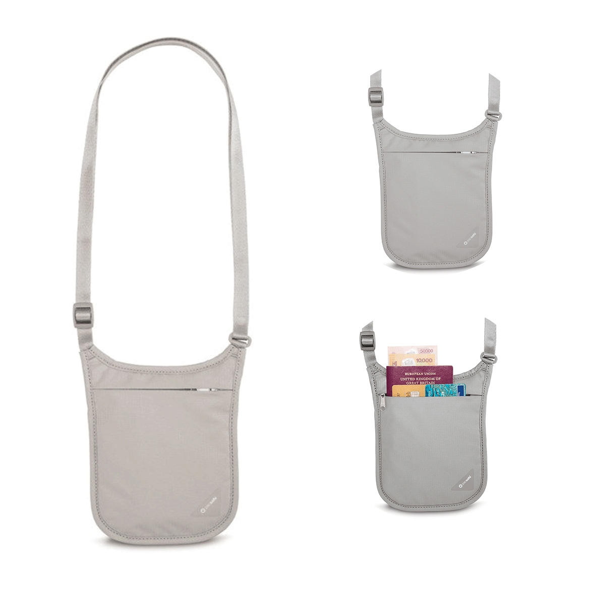 Pacsafe Coversafe V75 Portfel na Szyję Rfid Antykradzieżowy Podróżny Szary