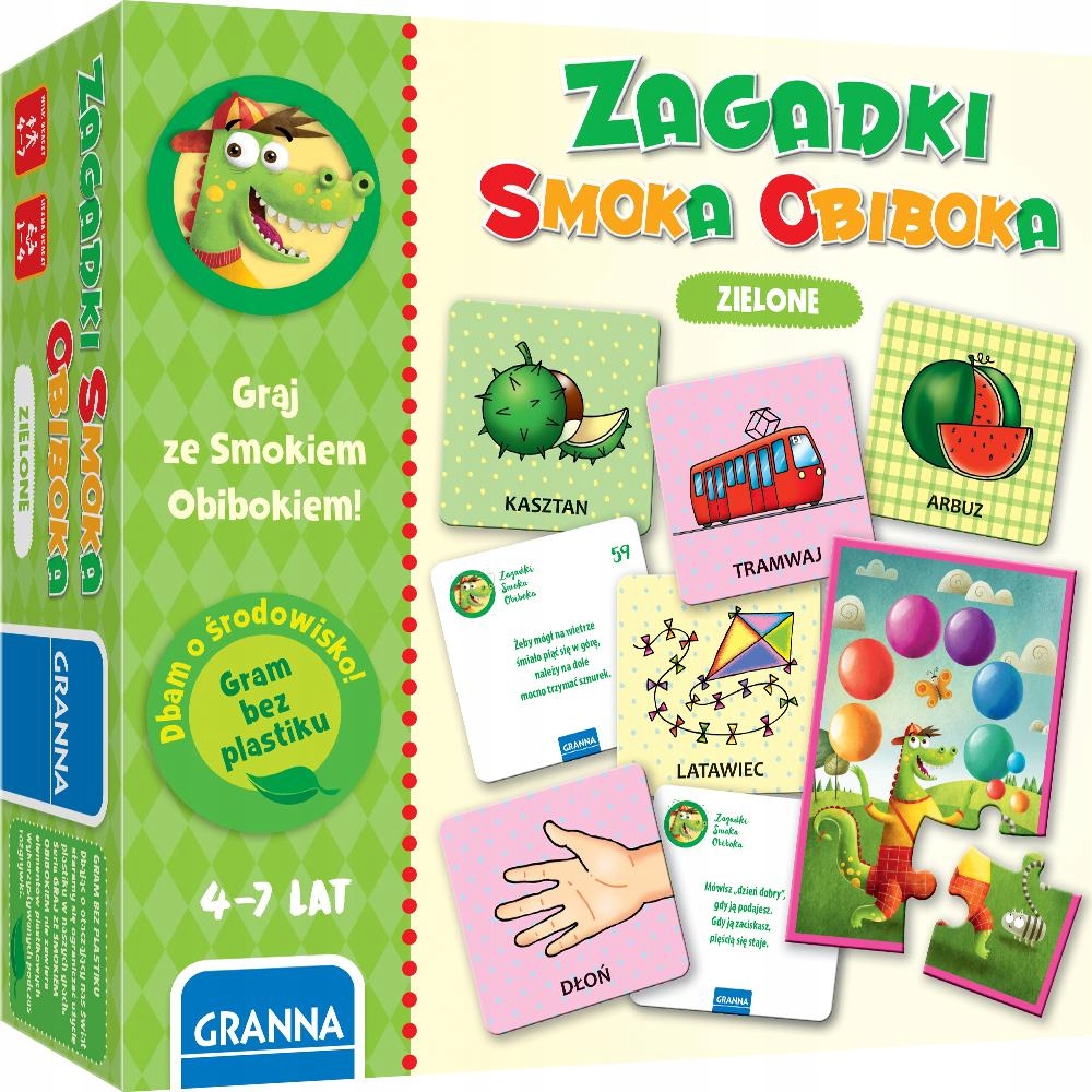 Gra karciana Zagadki Smoka Obiboka zielone quiz planszowa Granna dla dzieci