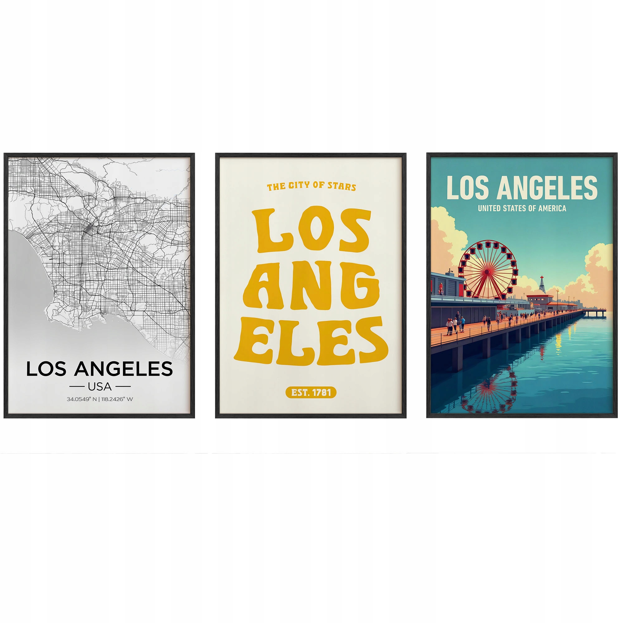 Obrazy Los Angeles Mapa mesta Plagáty Drevené rámy Čierne 3ks 30x42 cm