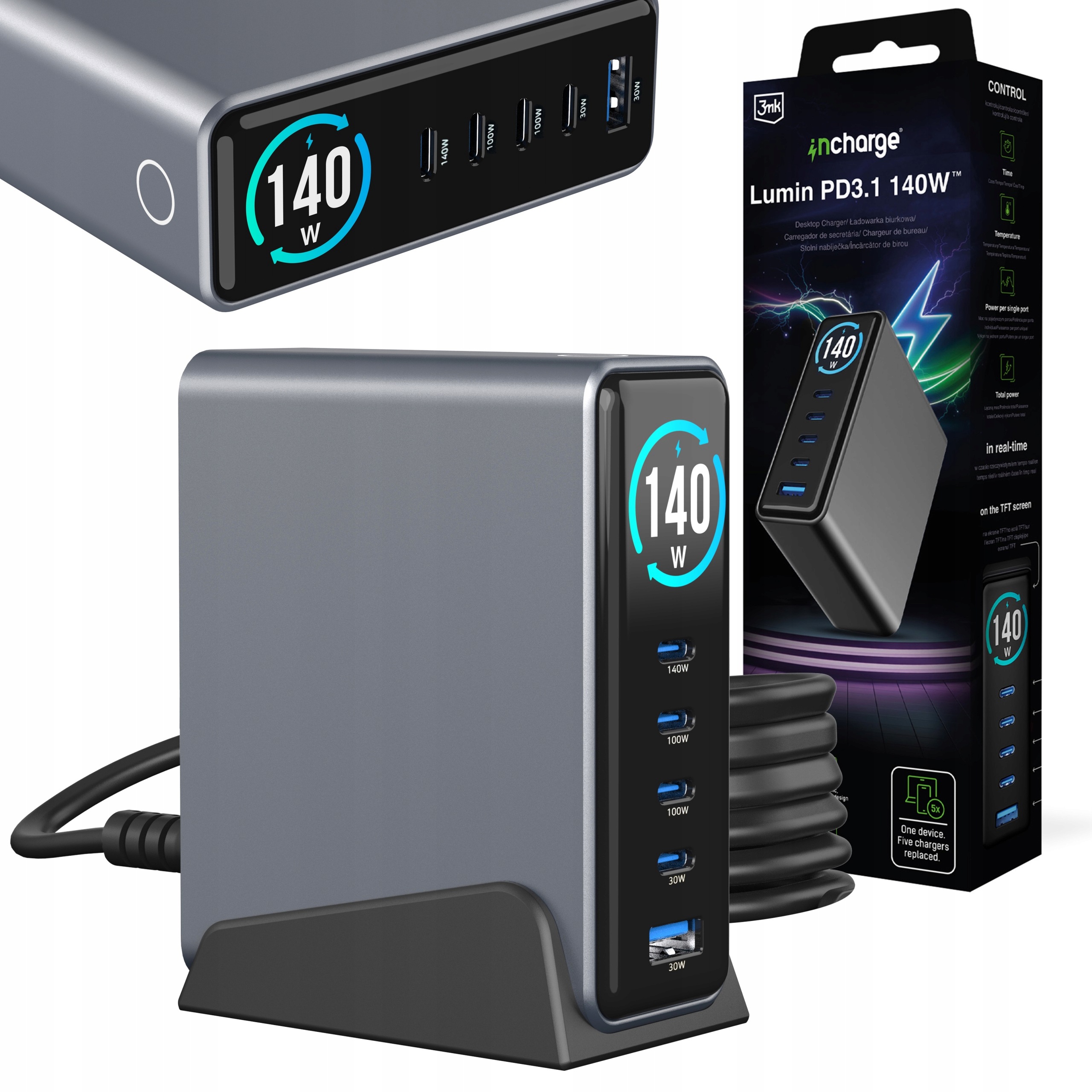 Nabíjacia stanica 4xUSB-C 1xUSB-A 3mk incharge Lumin PD3.2 140W