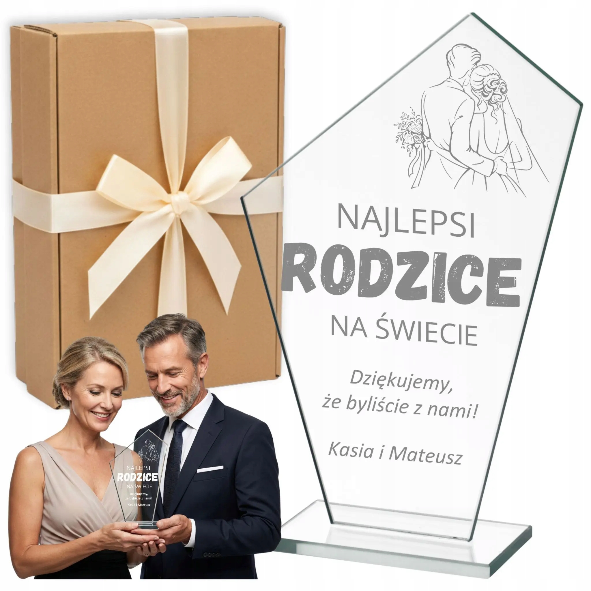 PODZIĘKOWANIE DLA RODZICÓW ŚLUB STATUETKA SZKLANA GRAWER PREZENT W PUDEŁKU