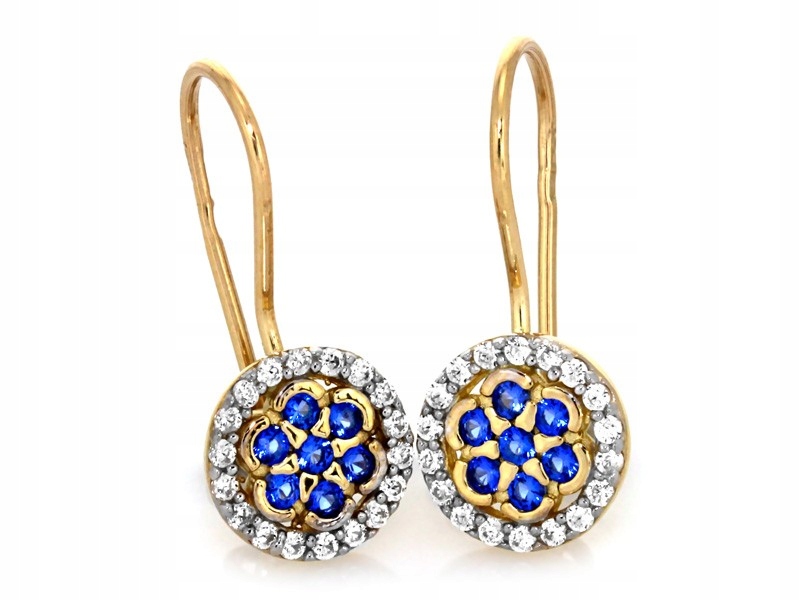 Náušnice ze zlata 585 kroužky s modrými a bílými zirkony, kytičky