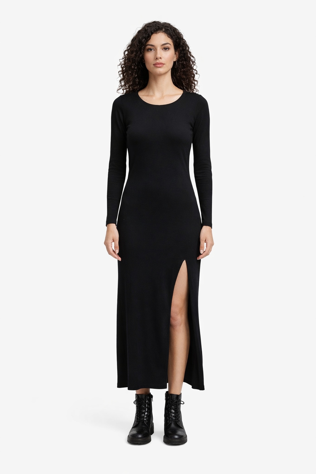 Muuv Černé Dlouhé Šaty S Dlouhým Rukávem A Rozparkem M I4B