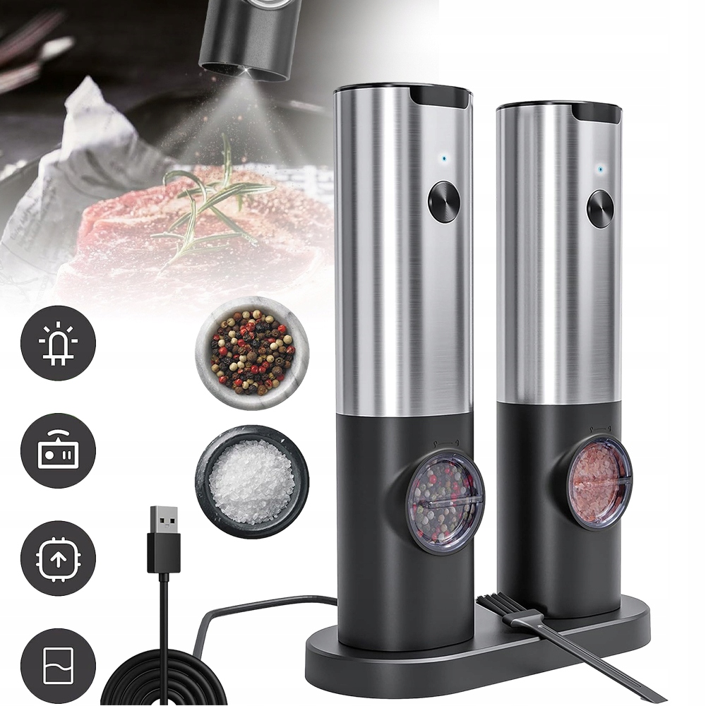 ZESTAW ELEKTRYCZNY MŁYNEK DO PIEPRZU I SOLI, Z ŁADOWALNĄ PODSTAWĄ I LED