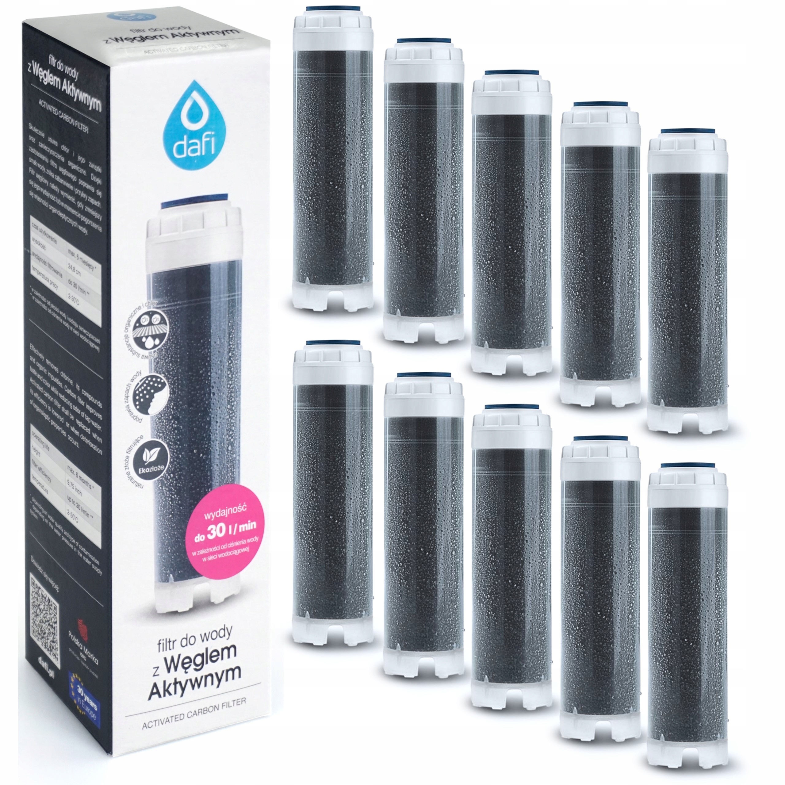 10x Wkład Węglowy Dafi Przepływowy Filtr Blok Z Węglem Aktywnym 10" Zapas