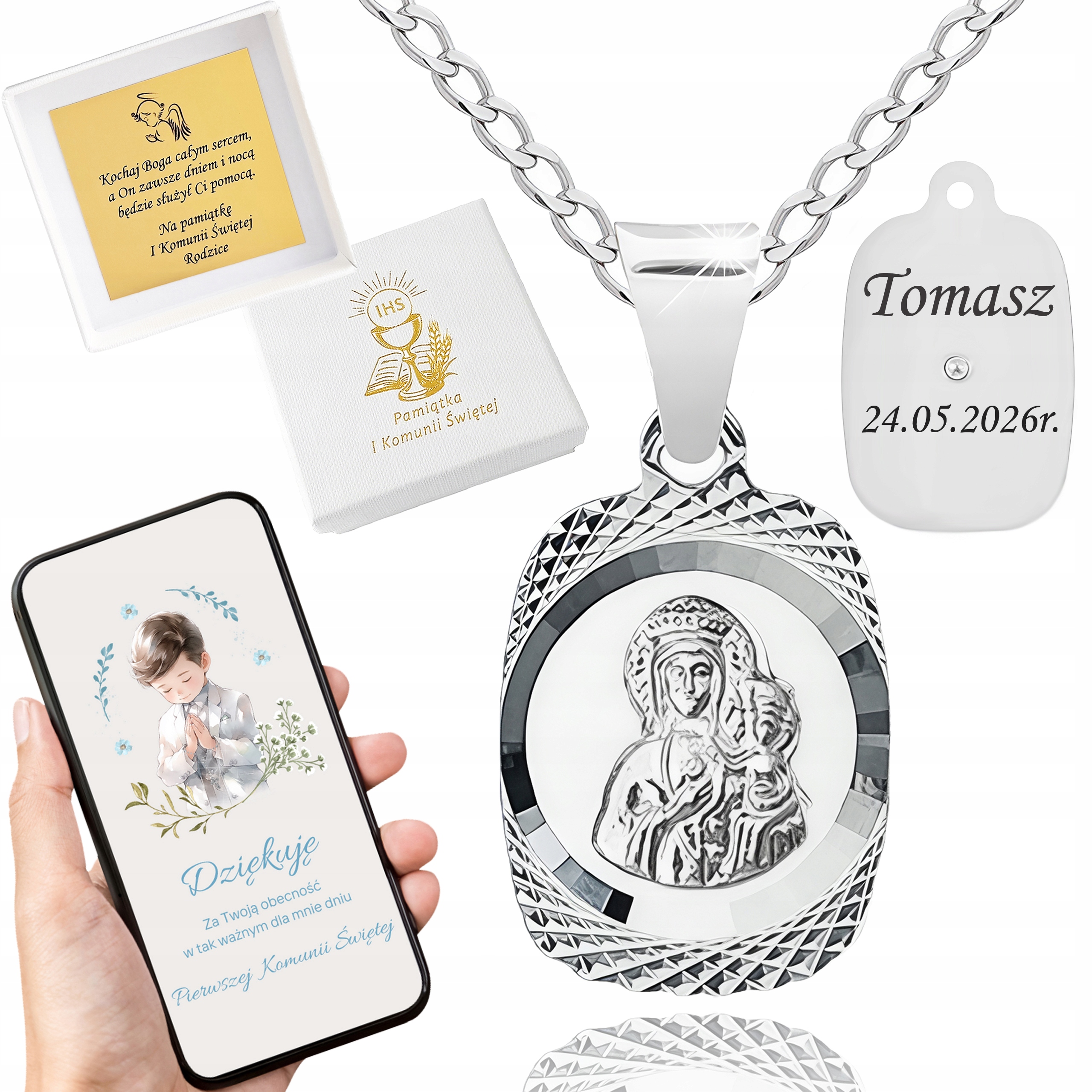 Srebrny Łańcuszek Medalik Matka Boska Komunia Chrzest Grawer 925