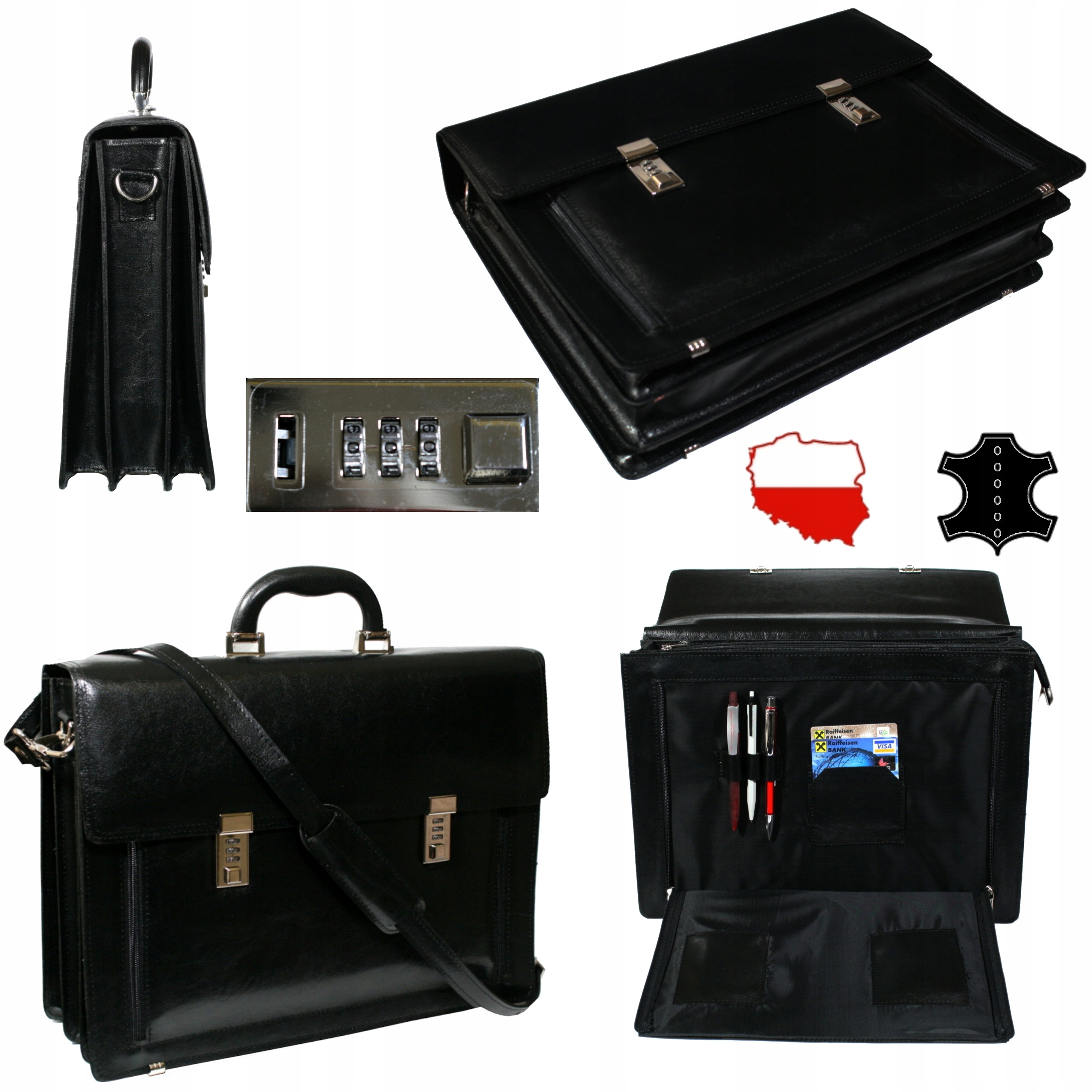 Černá kožená aktovka s přihrádkou na notebook 15 pro muže polská výroba A4