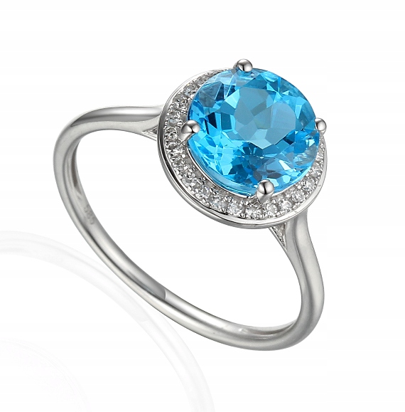 Pierścionek 585 Duży Topaz Diamenty Białe Złoto
