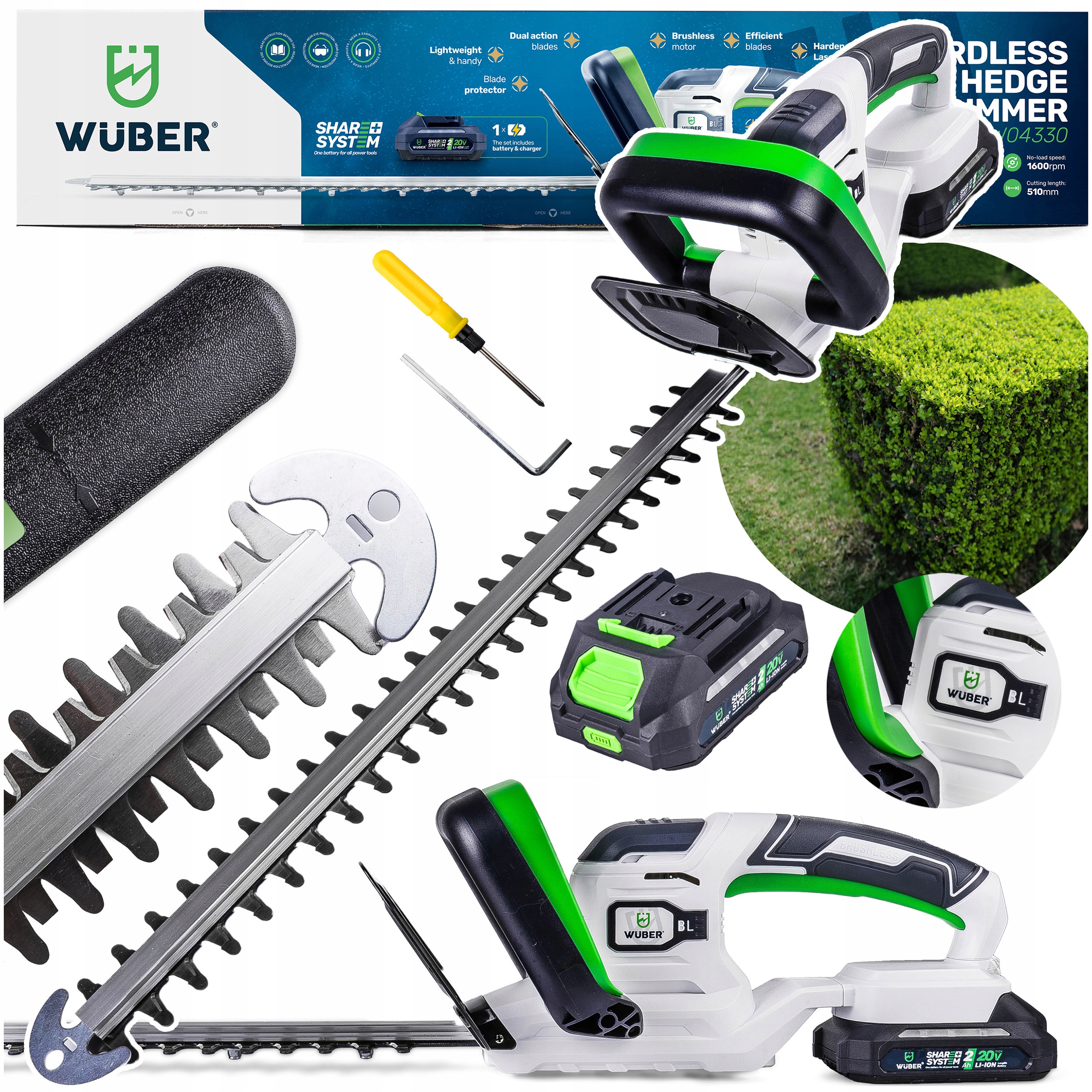 Akumulátorové elektrické nožnice na živý plot Wuber 51 cm 20 V Aku 2,0 Ah