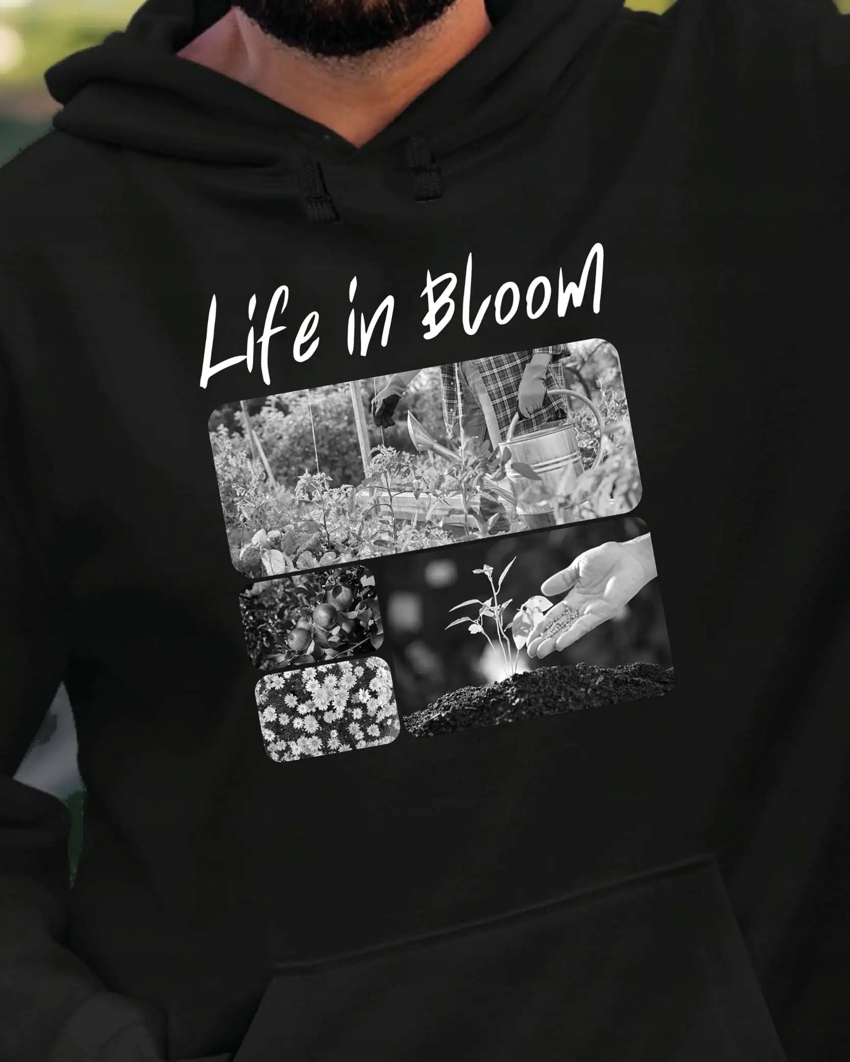 Mikina s kapucí Dárek pro zahradníka Umělecká koláž Černá L