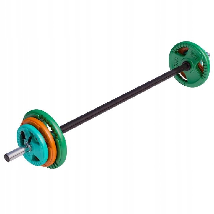Zestaw 20 kg do treningu fitness: gryf obciążenia gumowane