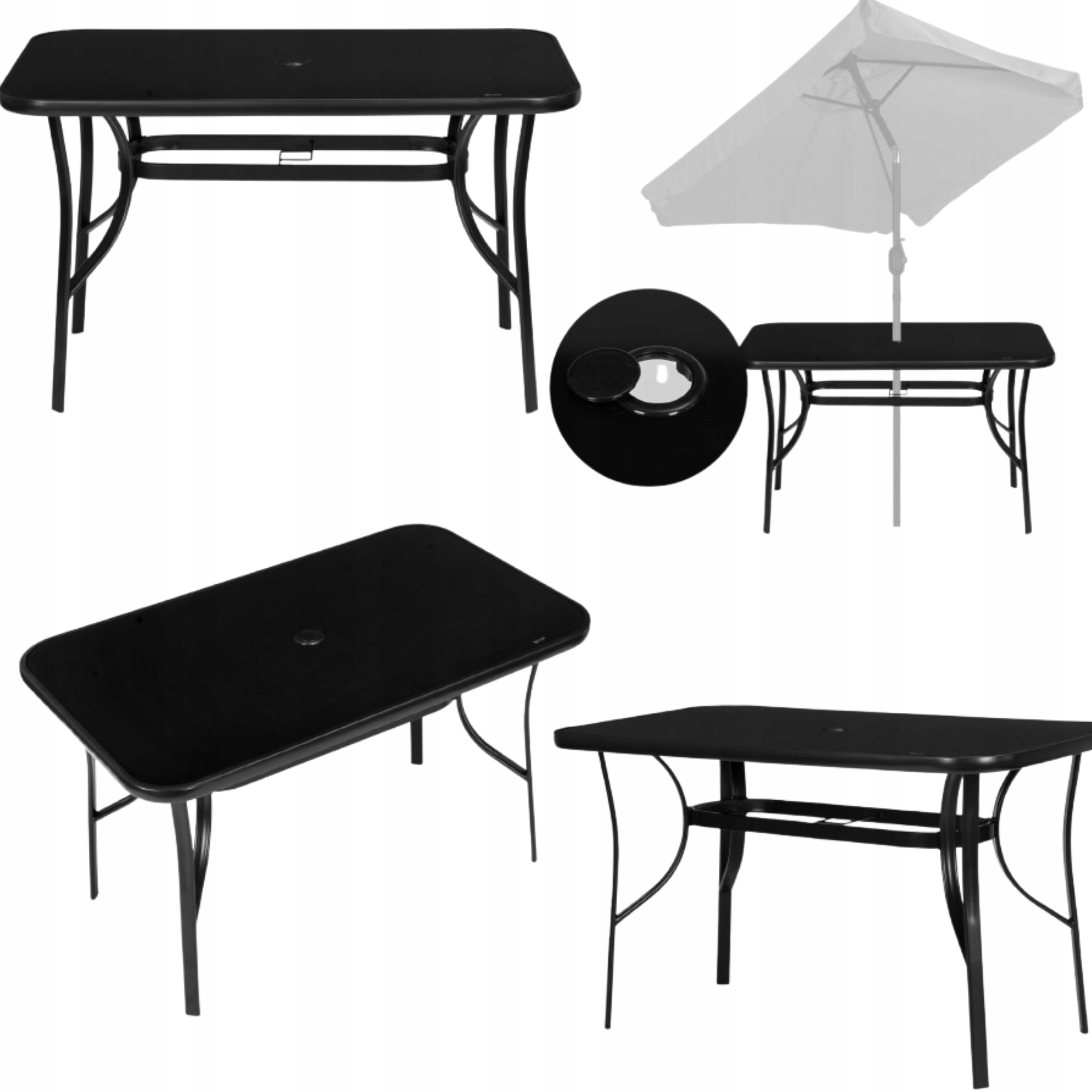 Stół Ogrodowy Tarasowy 140x80 Cm Szkło Hartowane Otwór Na Parasol Czarny