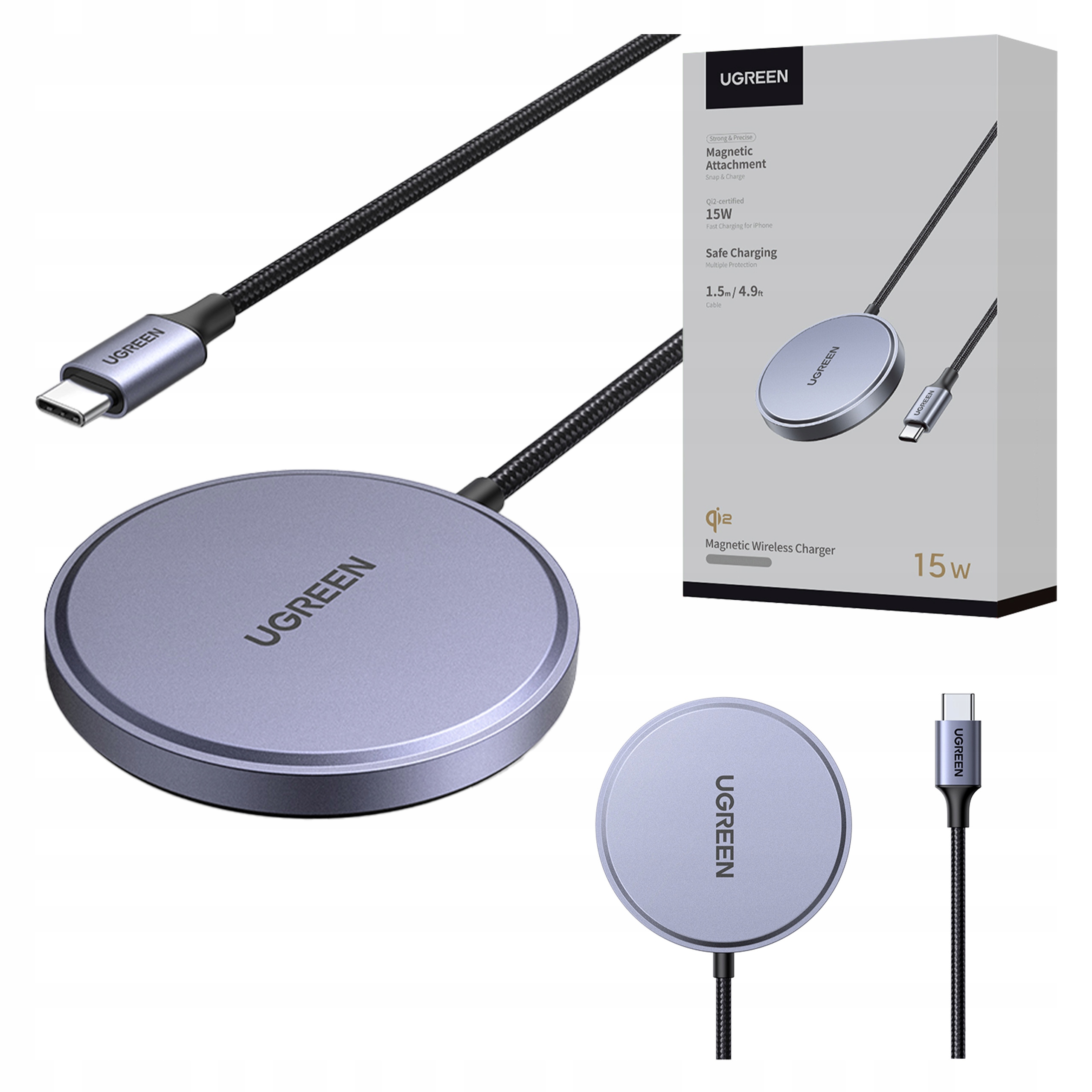 Ugreen Magnetyczna Ładowarka Bezprzewodowa MagSafe Qi2 15W Kabel 1.5m Usb-c