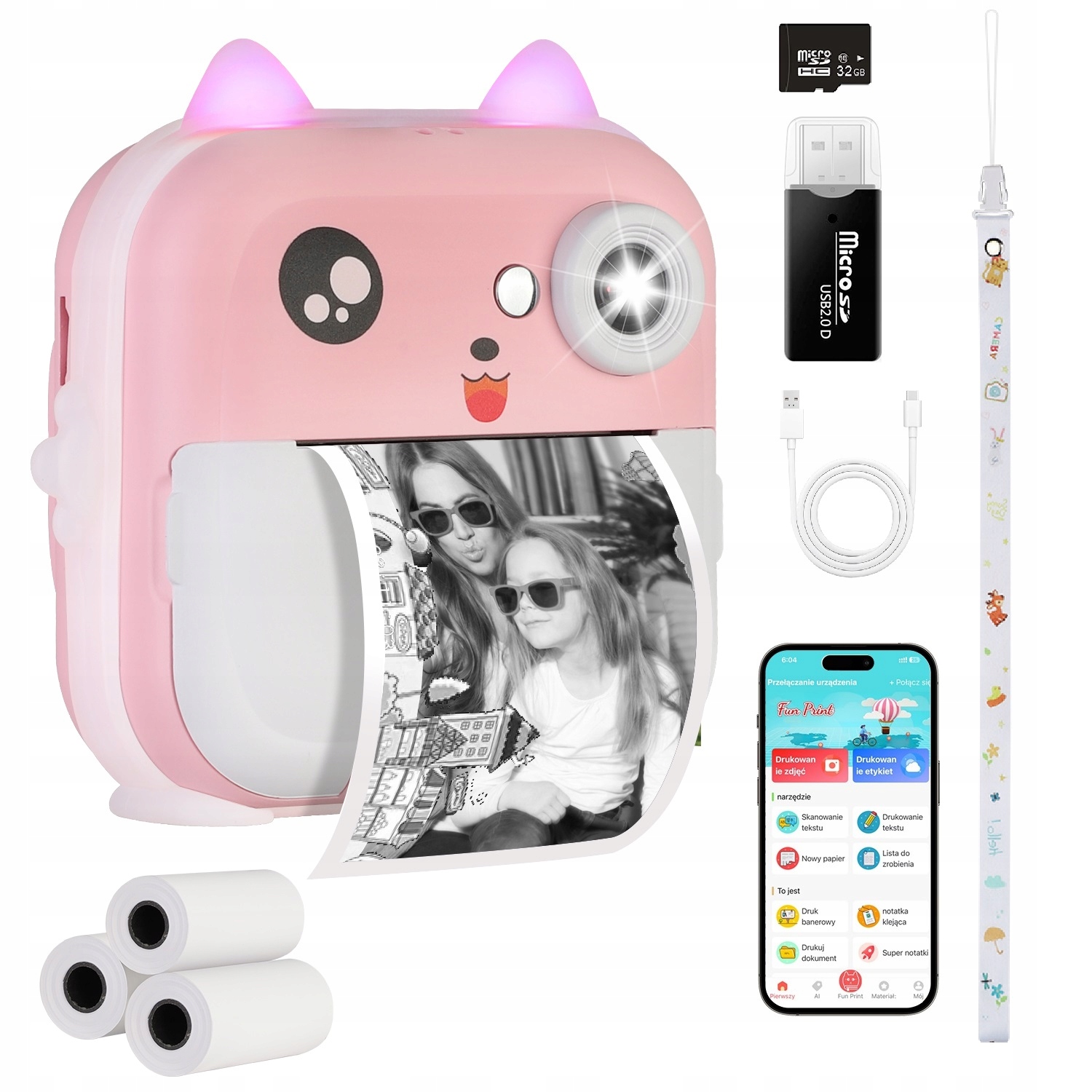 Drukś 2.0 Mini Drukarka Termiczna Aparat Natychmiastowy 3 Rolki Karta 32GB