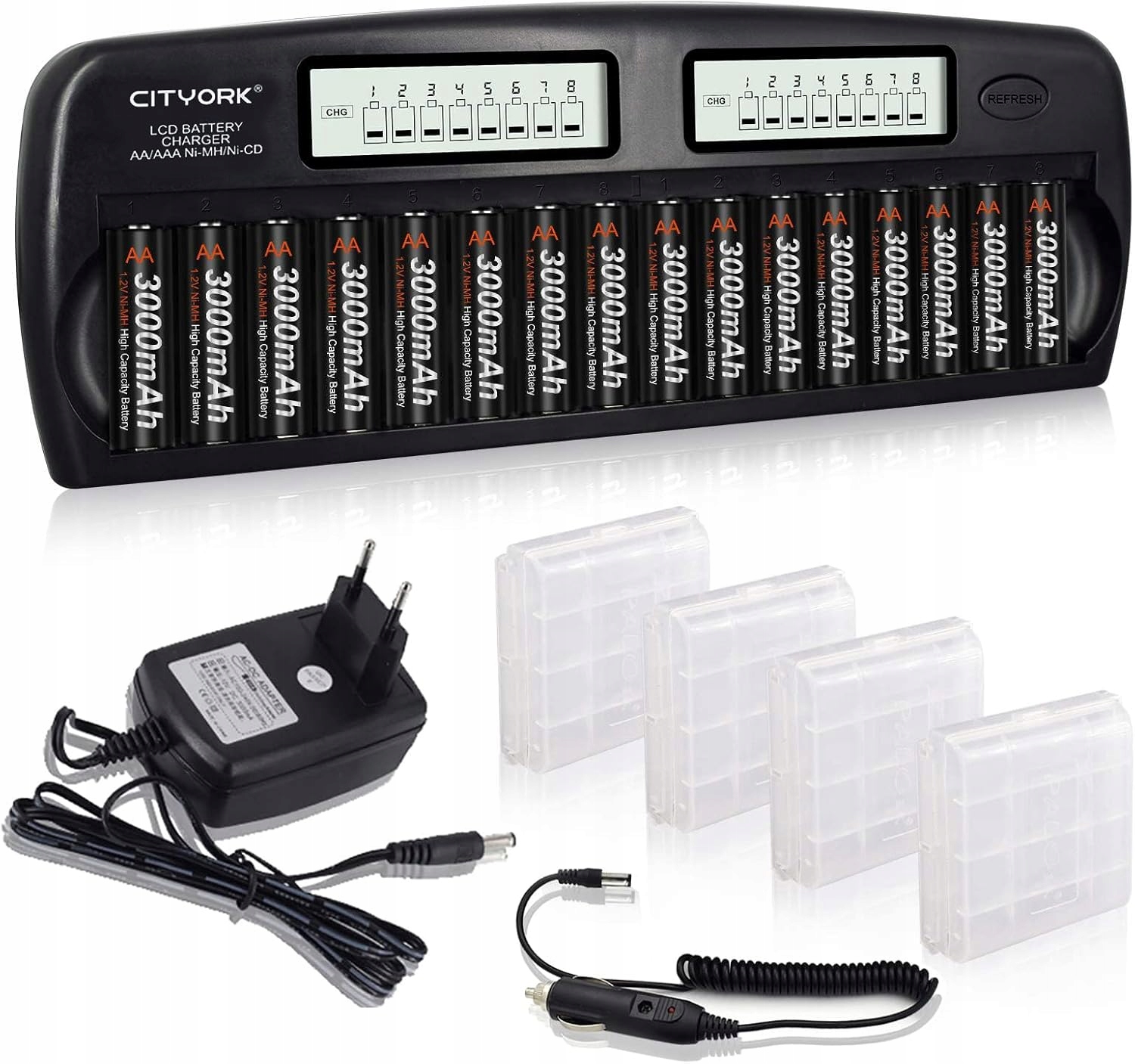 Cityork Rychlá nabíječka baterií s LCD displejem, sada 16 Aa