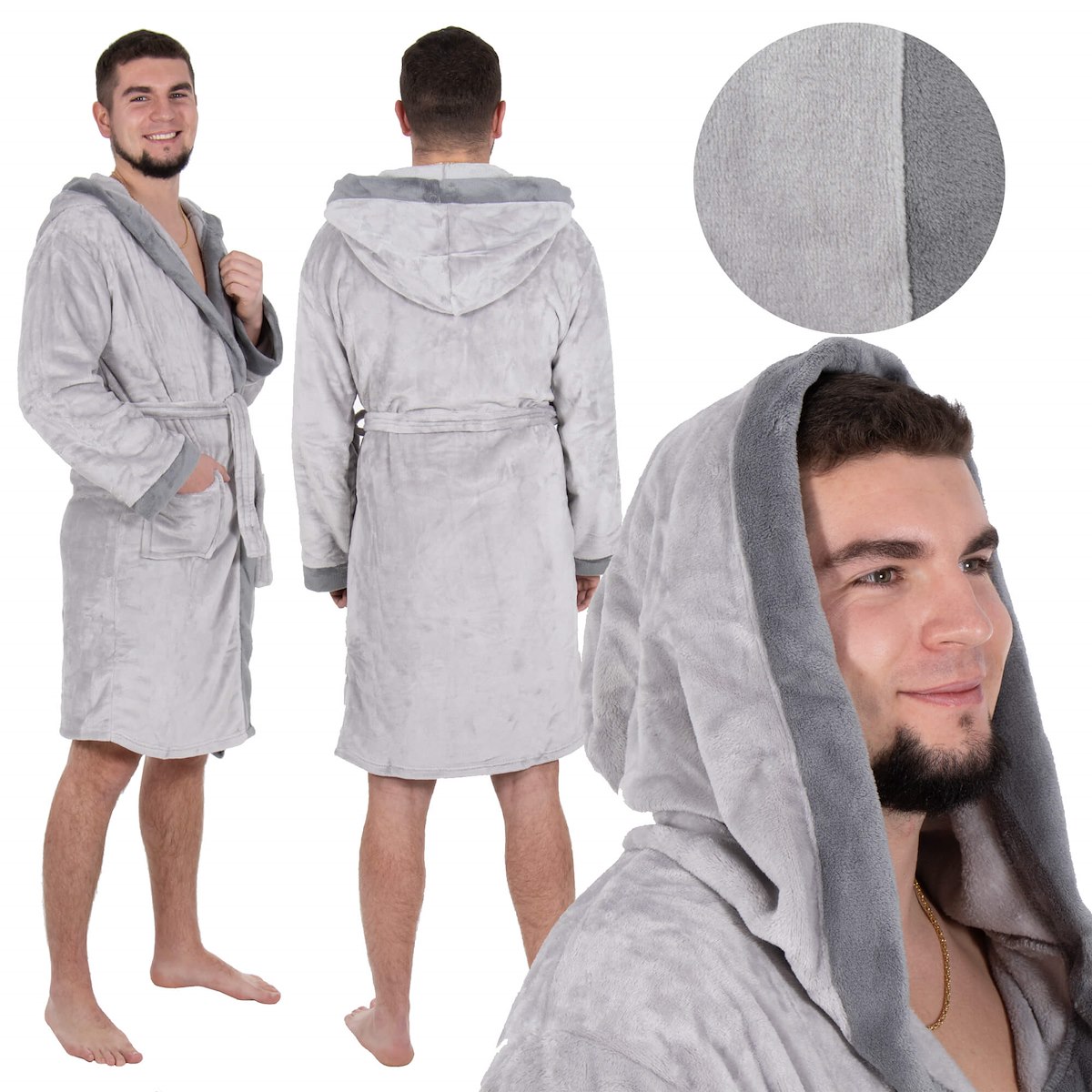 SZLAFROK MĘSKI SZARY CIEPŁY DŁUGI JAKOŚĆ ELEGANCKI Z KAPTUREM R.M/L Zapięcie wiązanie