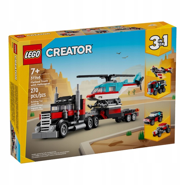LEGO CREATOR ZESTAW KLOCKÓW 3W1 31146 CIĘŻARÓWKA Z PLATFORMĄ I HELOKOPTEREM Nazwa zestawu LEGO CREATOR ZESTAW KLOCKÓW 3W1 31146 CIĘŻARÓWKA Z PLATFORMĄ I HELOKOPTEREM