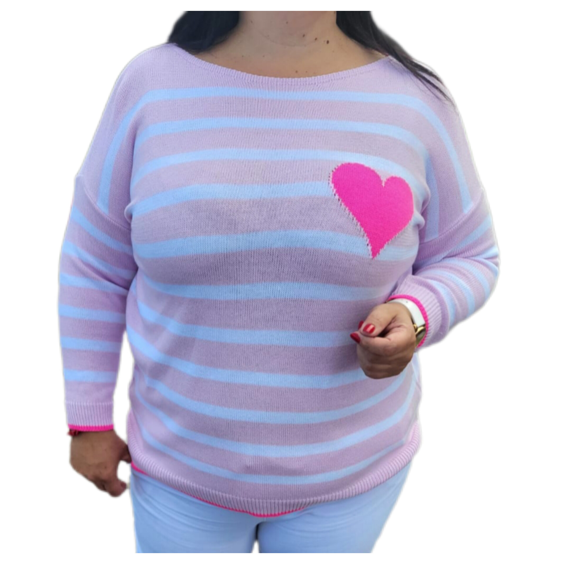 Sweter w pasy z serduszkiem plus size 46, 48, 50 Długość do pasa