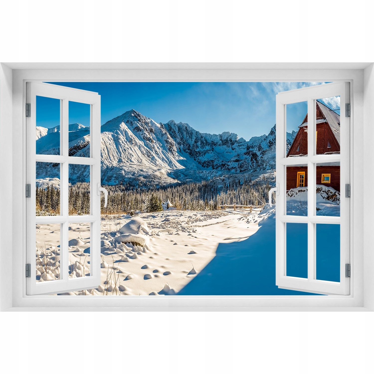 

Naklejka Fototapeta 3D Okno Domek w górach 90x60