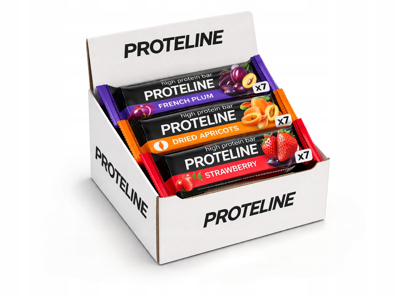 Baton proteinowy Proteline MIX smaków owocowych 21×80g –35% białka– 3 smaki