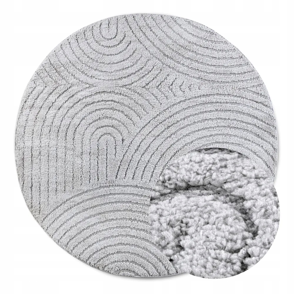 Koberec kulatý plyšový do obývacího pokoje 200 cm, 3D vyřezávané měkké šedé štětiny