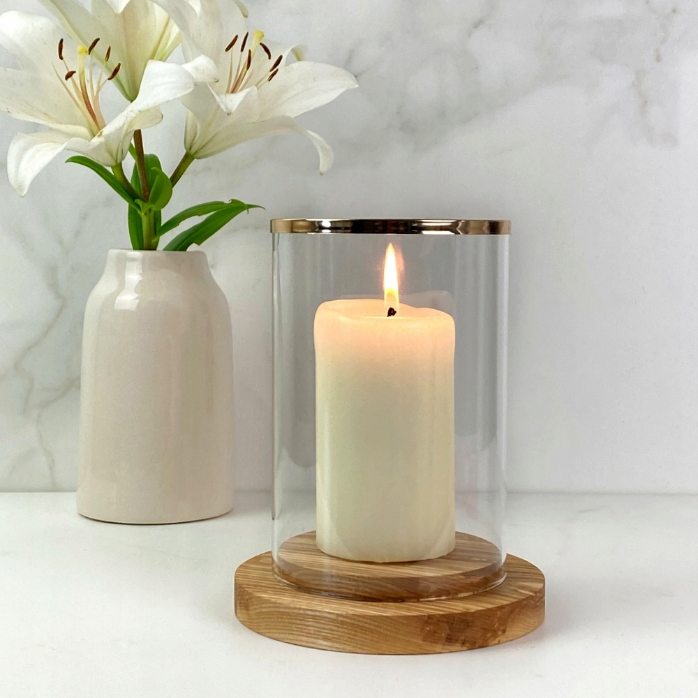 Svícen Glamour skleněný dřevem, lucerna na terasu