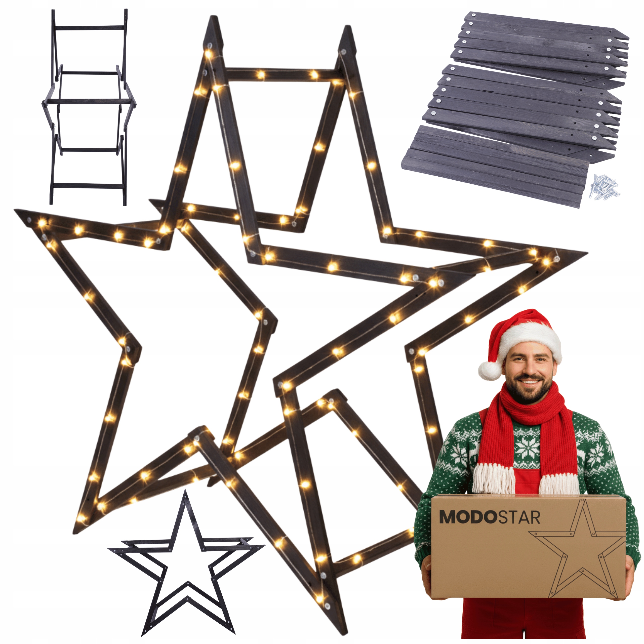 Vánoční hvězda 3D skládací snadná montáž ModoStar 139 Cm dřevěná Černá