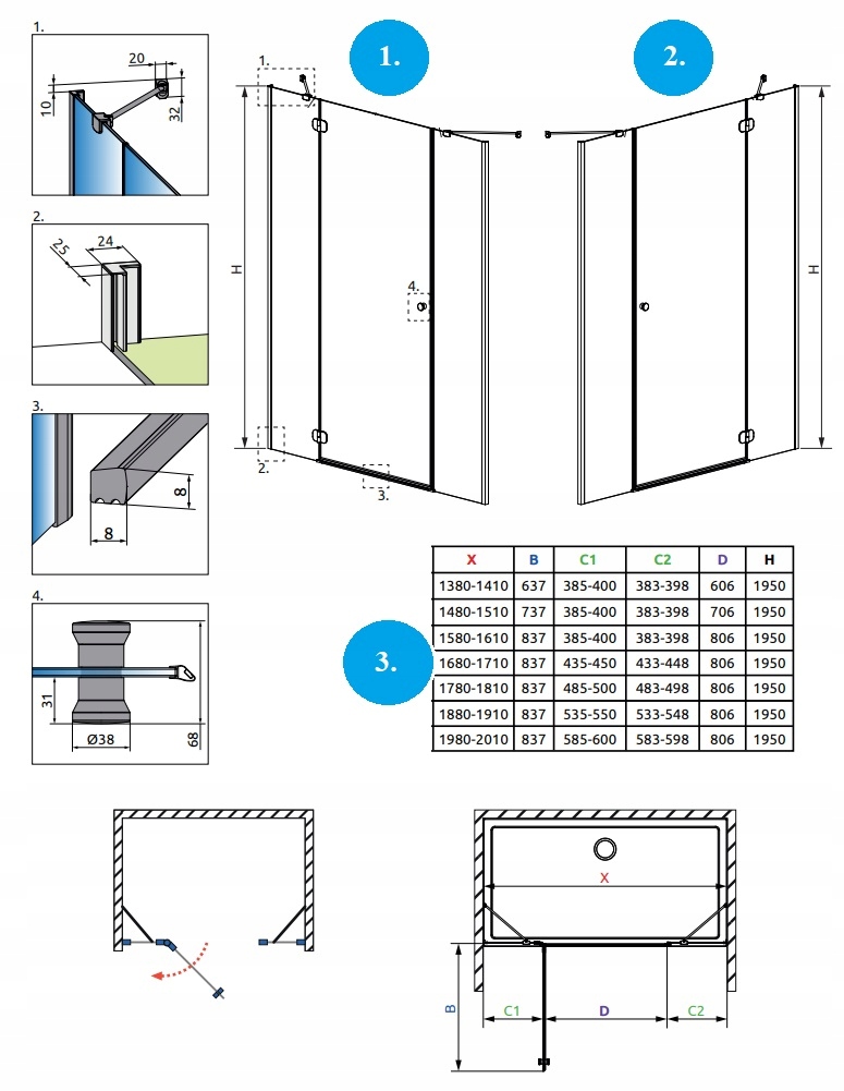 Drzwi prysznicowe Torrenta DWJS 160x195 RADAWAY Mocowanie prawe