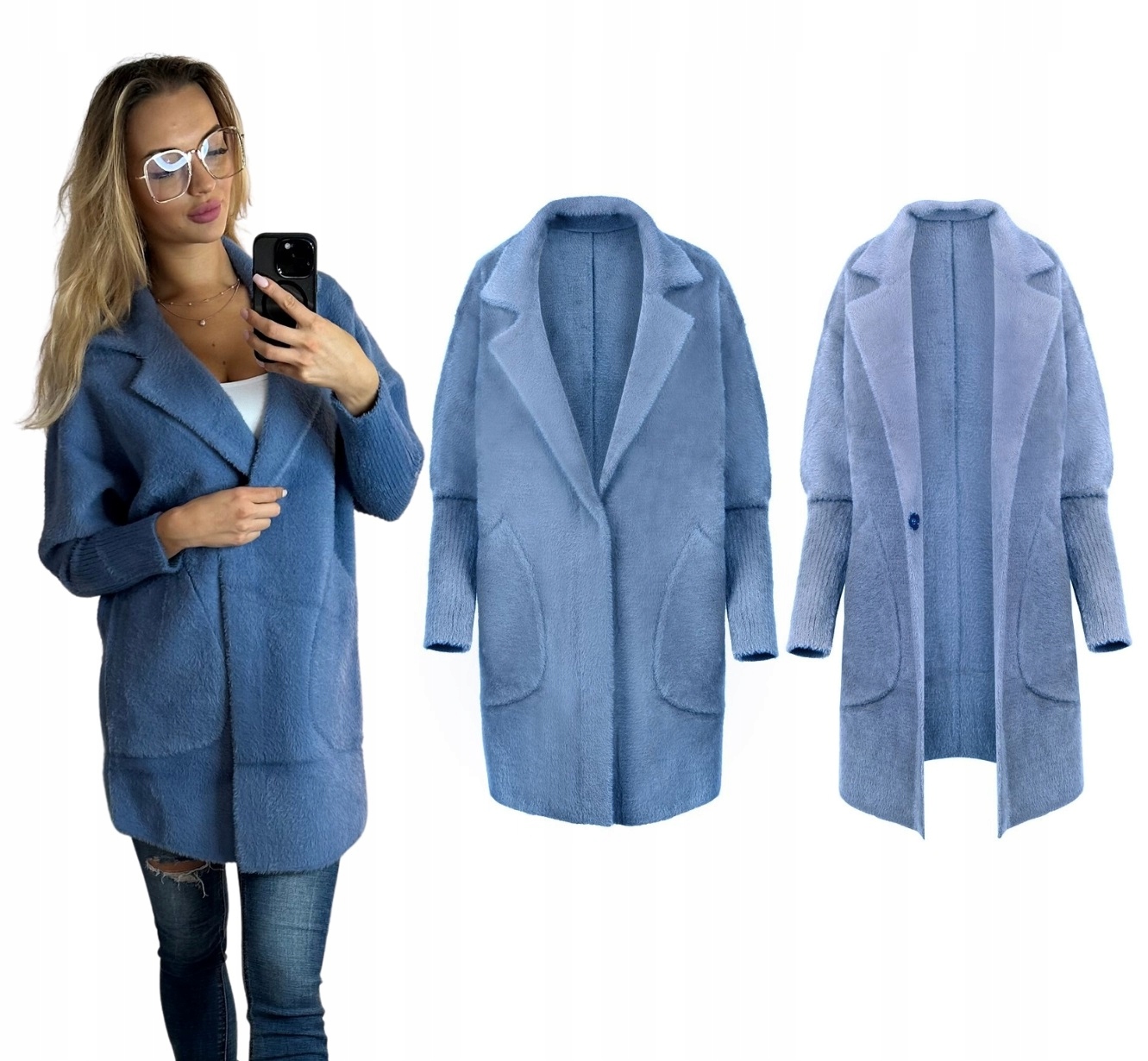 Kabát Alpaka Teplý, Heboučká Vlna, Univerzální Límec Baby Blue