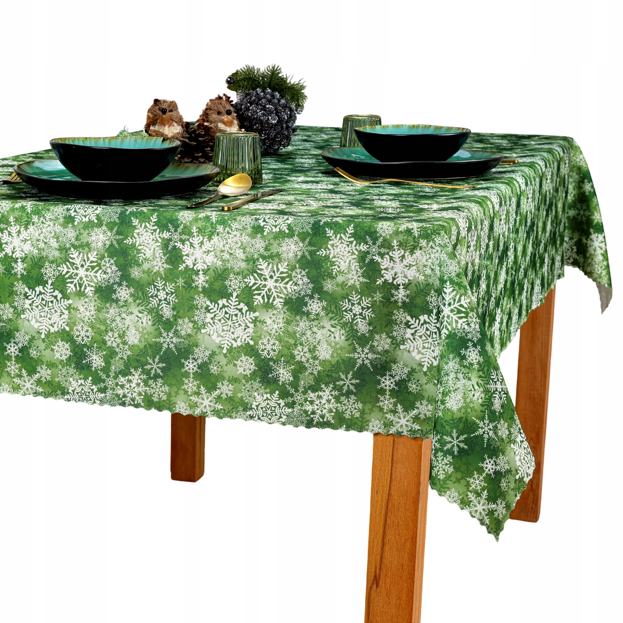 Vánoční ubrus odolný proti skvrnám Sněhové Vločky Zelený 130 x 480 cm