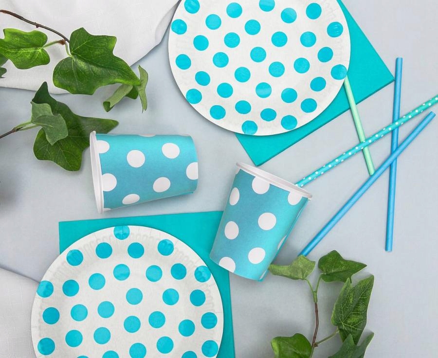 KUBECZKI JEDNORAZOWE NIEBIESKIE GROCHY GROSZKI NA URODZINY 6szt Pojemność 250 ml