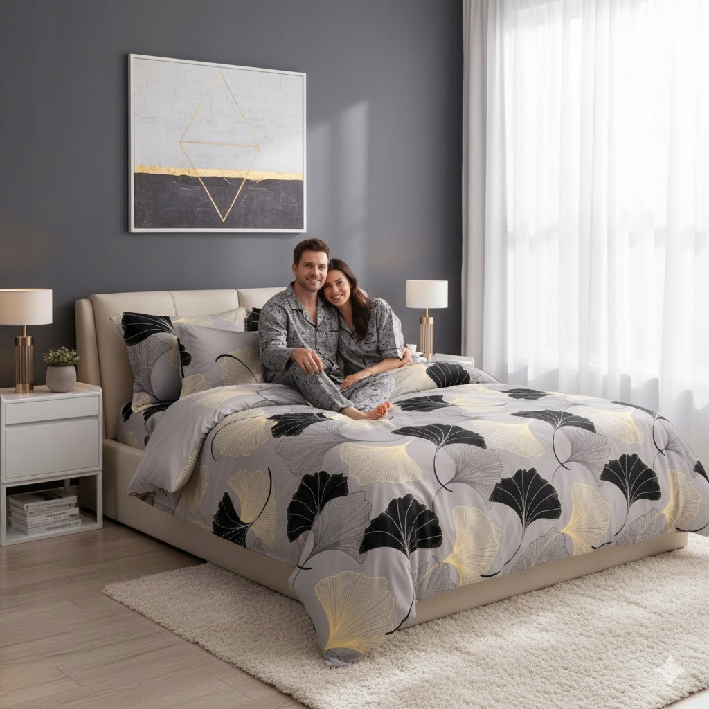 3dílná sada povlečení na peřinu šedého vzhledu s motivem listů ginkga, 100% bavlna, do ložnice 160×200 cm