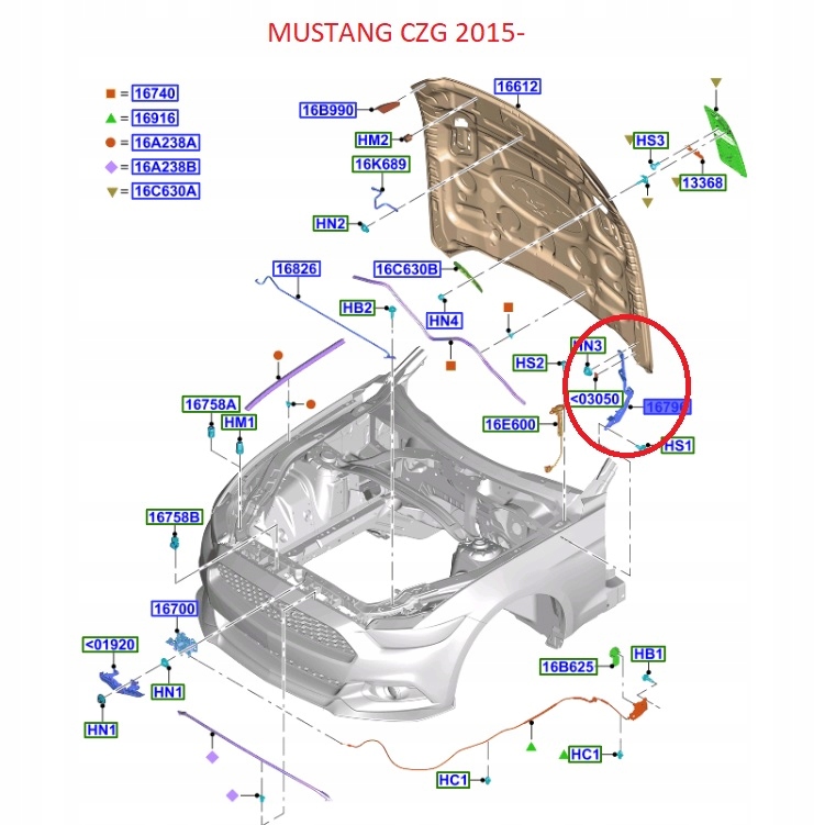 ZAWIAS PRAWY MASKI MUSTANG 2017 FORD OE _ 2121879 _ 2570139 _ JR3B-16800-BA Producent części Ford OE